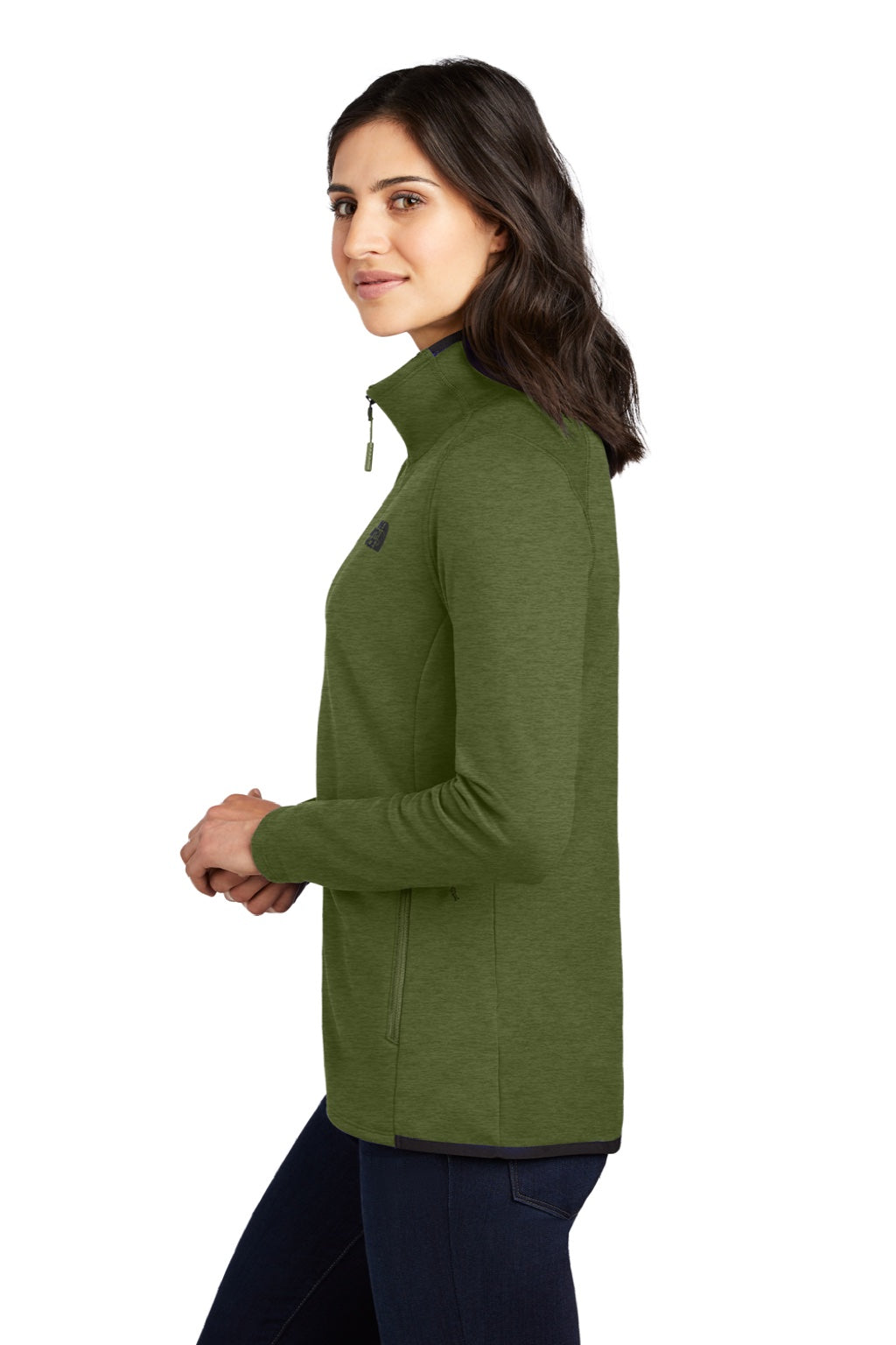 The North Face NF0A7V62 Womens Skyline Full Zip Fleece Jacket Heather Clover Green Model Side