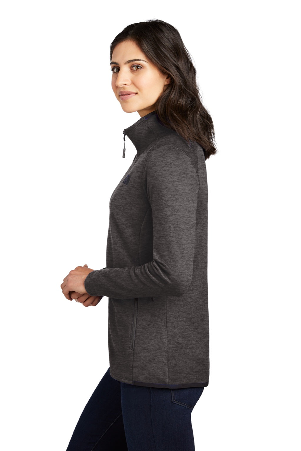 The North Face NF0A7V62 Womens Skyline Full Zip Fleece Jacket Heather Dark Grey Model Side
