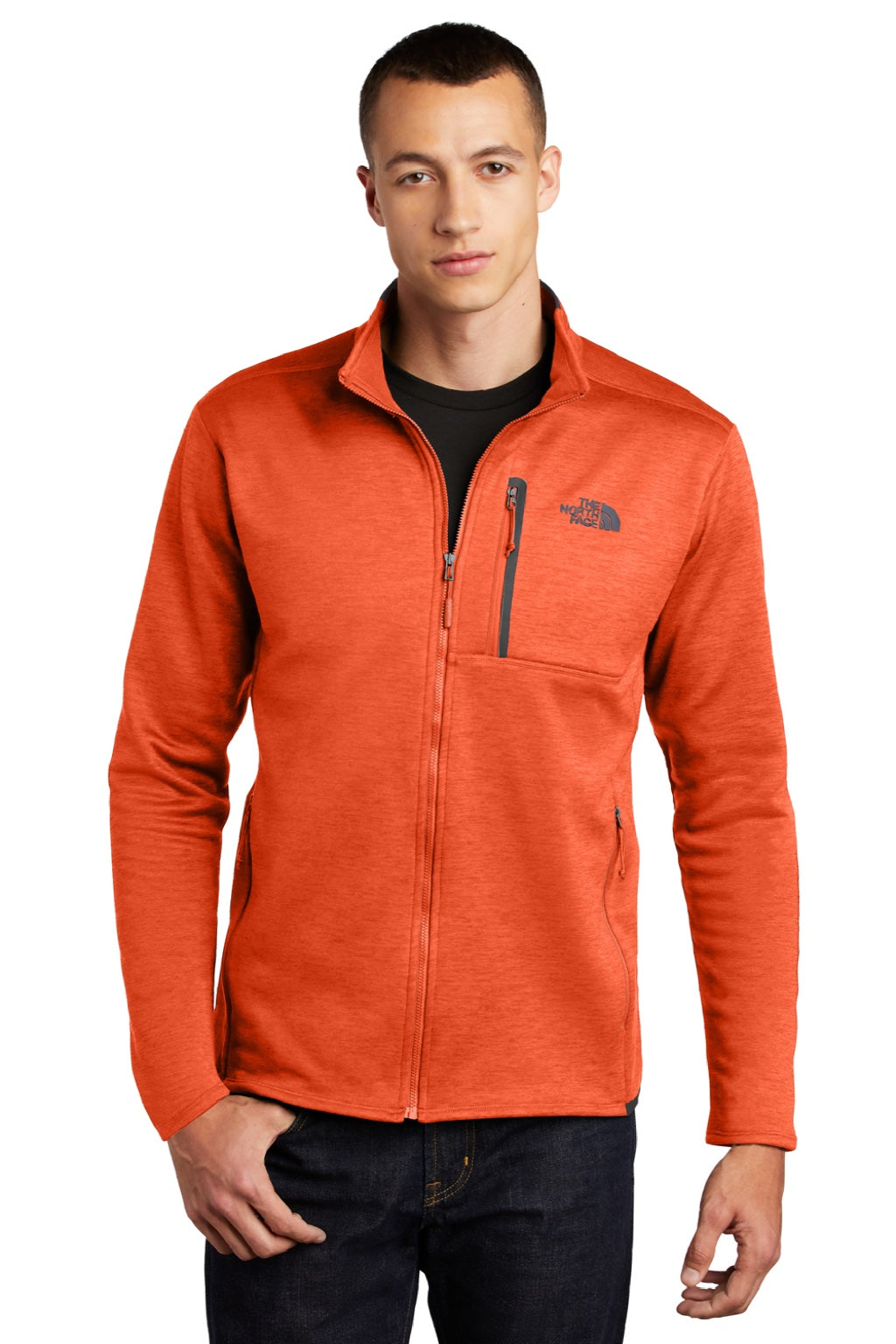The North Face NF0A7V64 Mens Skyline Full Zip Fleece Jacket Heather Zion Orange/Urban Navy Blue Model Front