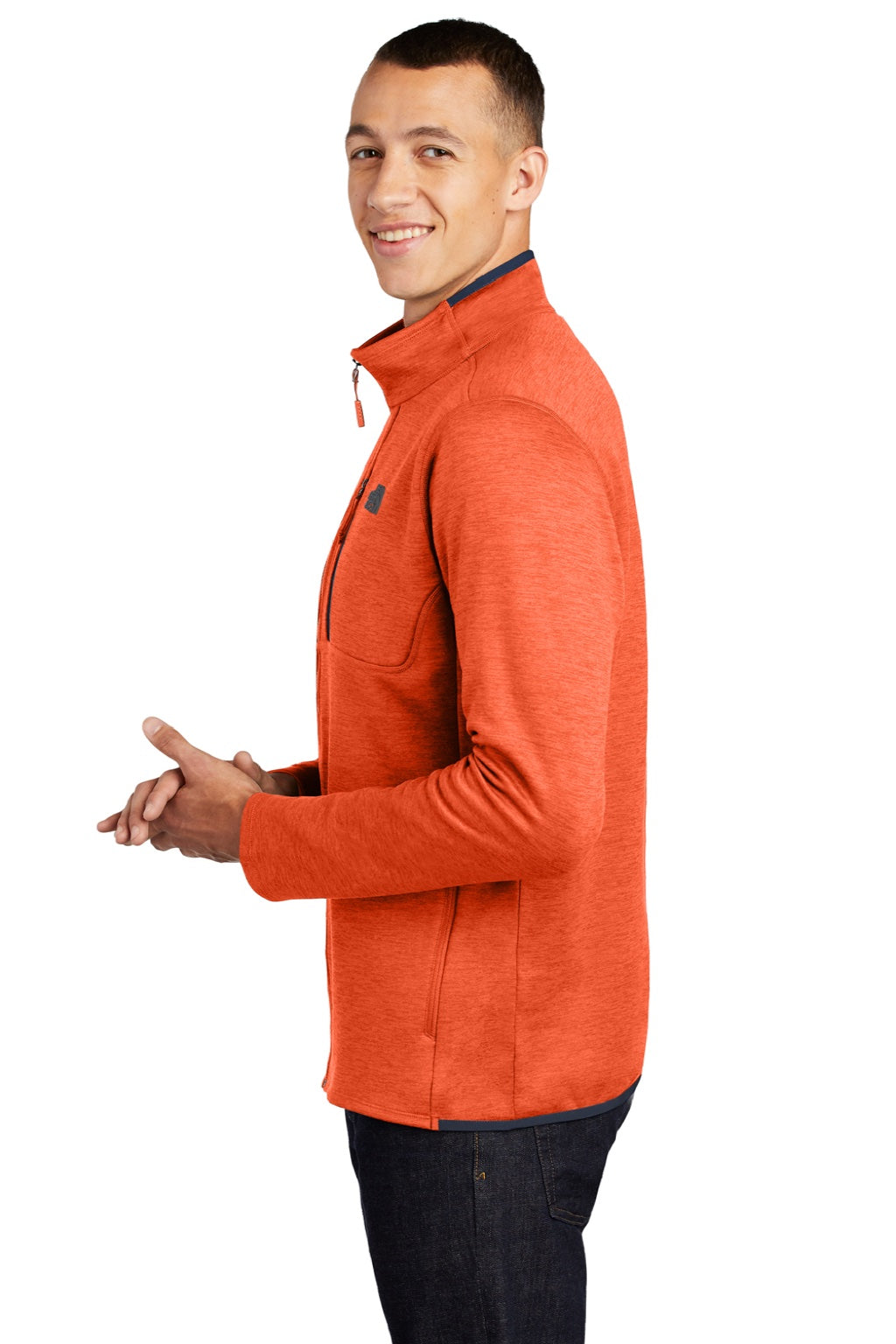 The North Face NF0A7V64 Mens Skyline Full Zip Fleece Jacket Heather Zion Orange/Urban Navy Blue Model Side