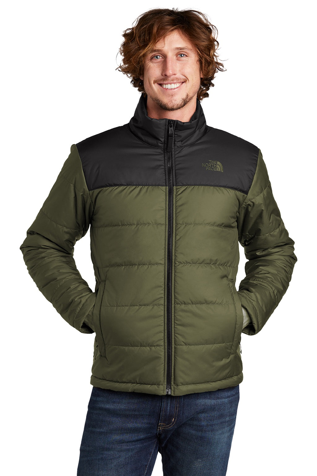 The North Face NF0A7V6J Mens Everyday Water Resistant Insulated Full Zip Jacket Burnt Olive Green Model Front