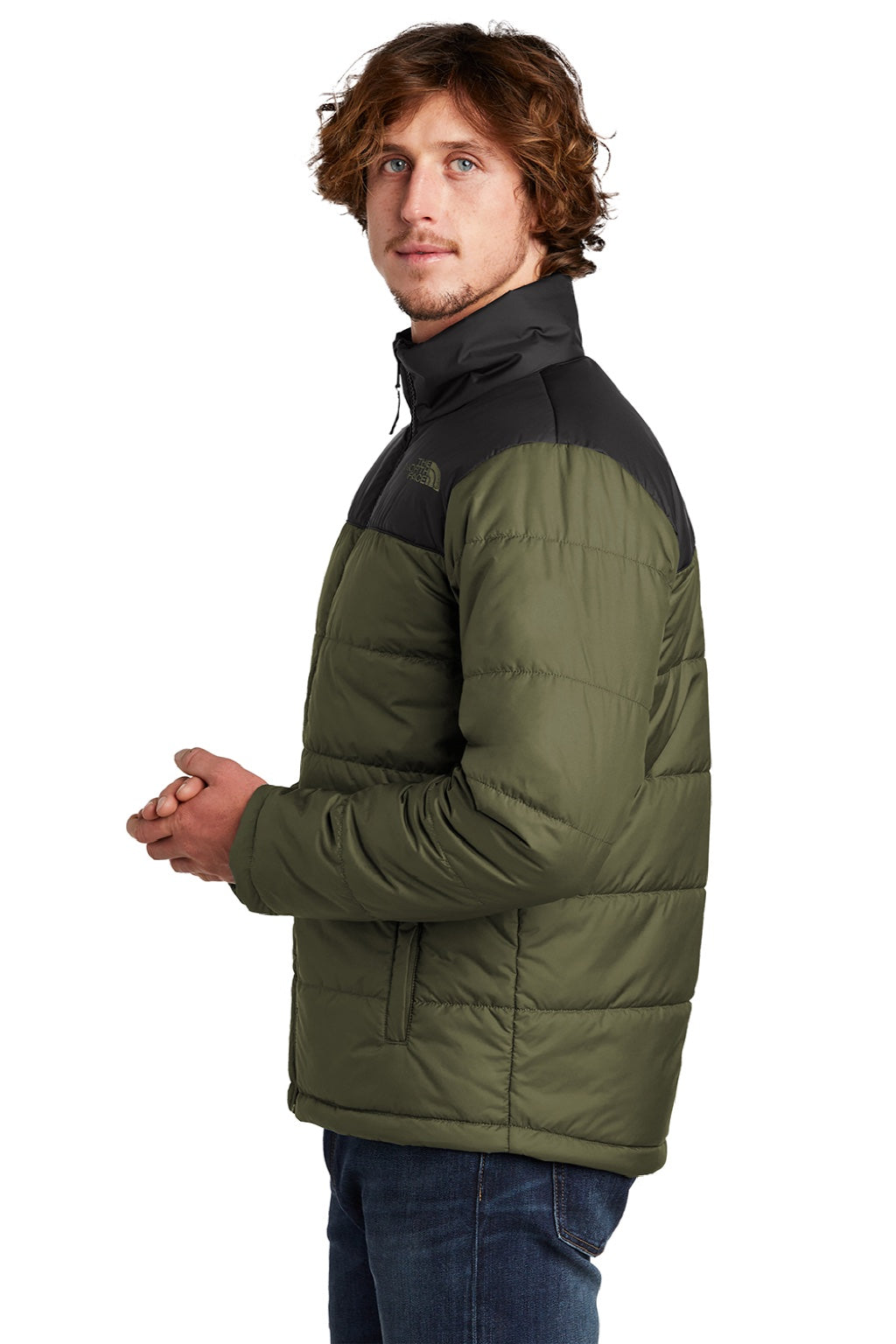 The North Face NF0A7V6J Mens Everyday Water Resistant Insulated Full Zip Jacket Burnt Olive Green Model Side