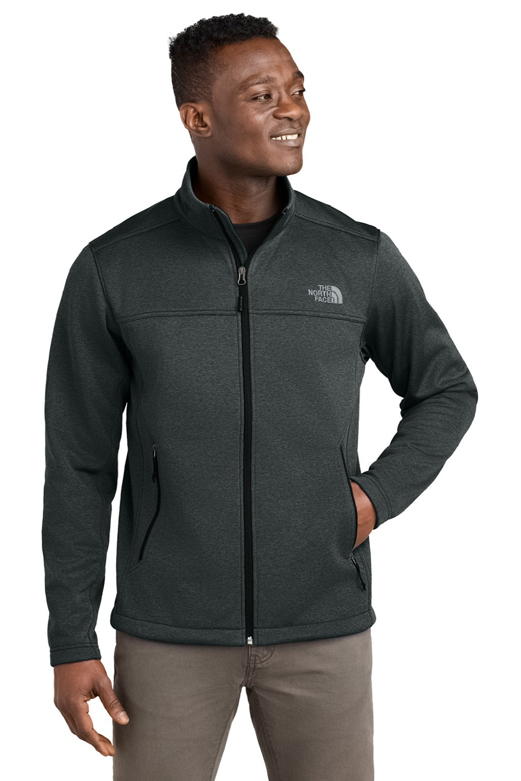 The North Face NF0A88D5 Mens Ridgewall Wind & Water Resistant Soft Shell Full Zip Jacket Heather Dark Grey Model Front