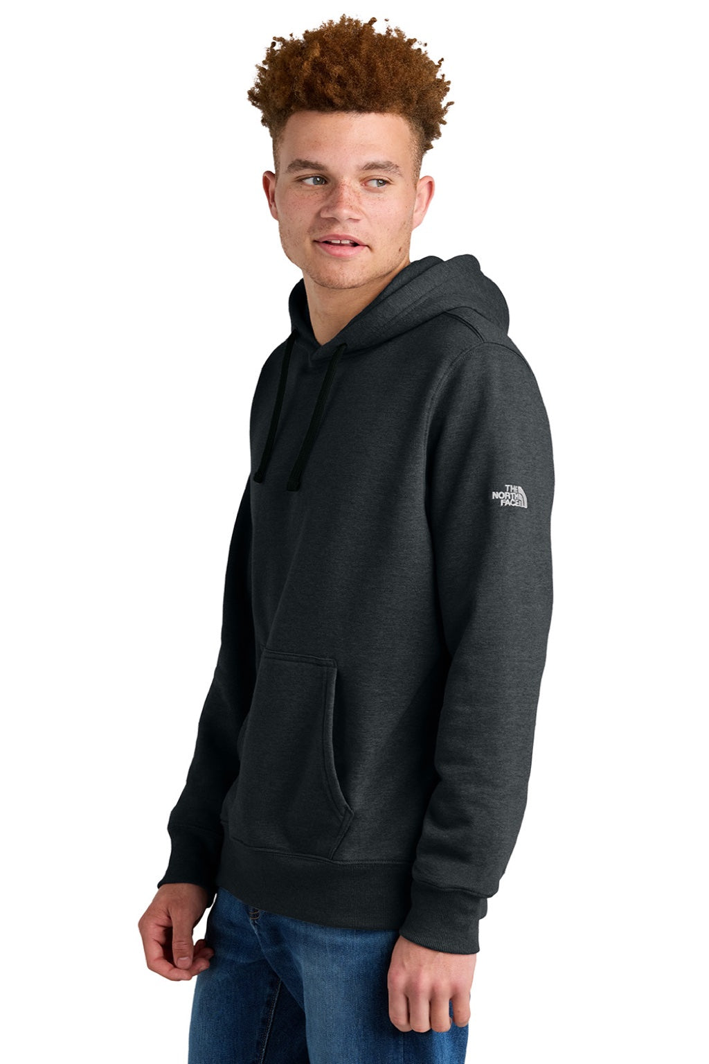 The North Face NF0A8AU0 Mens Hooded Sweatshirt Hoodie w/ Pouch Pocket Heather Black Model Side