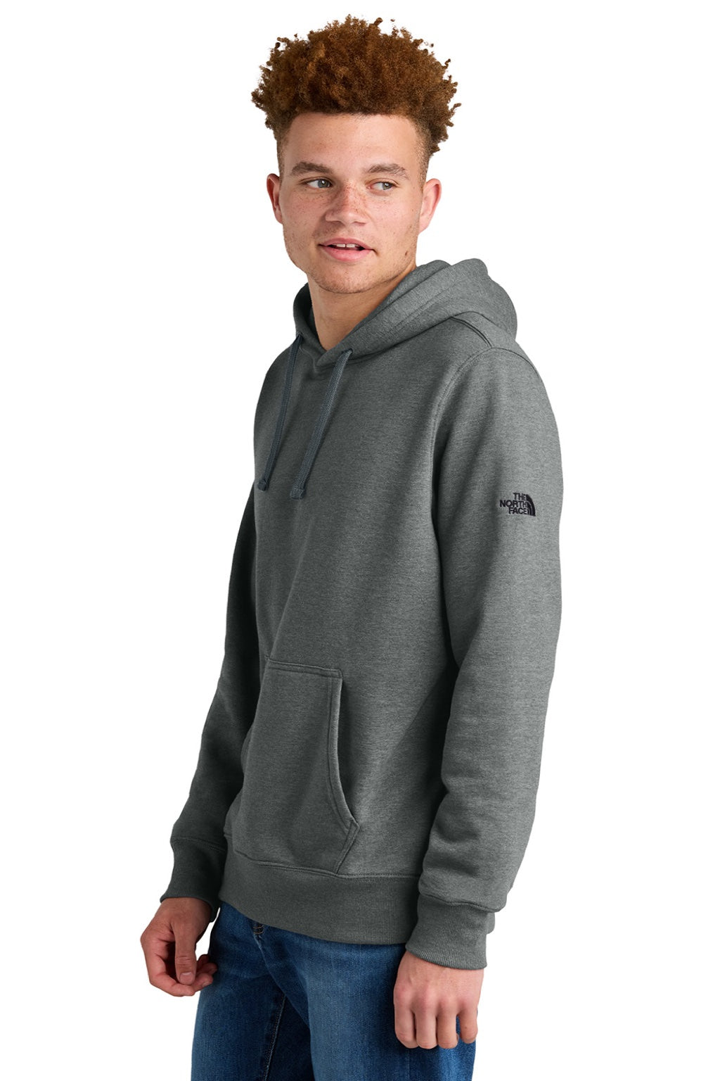 The North Face NF0A8AU0 Mens Hooded Sweatshirt Hoodie w/ Pouch Pocket Heather Medium Grey Model Side