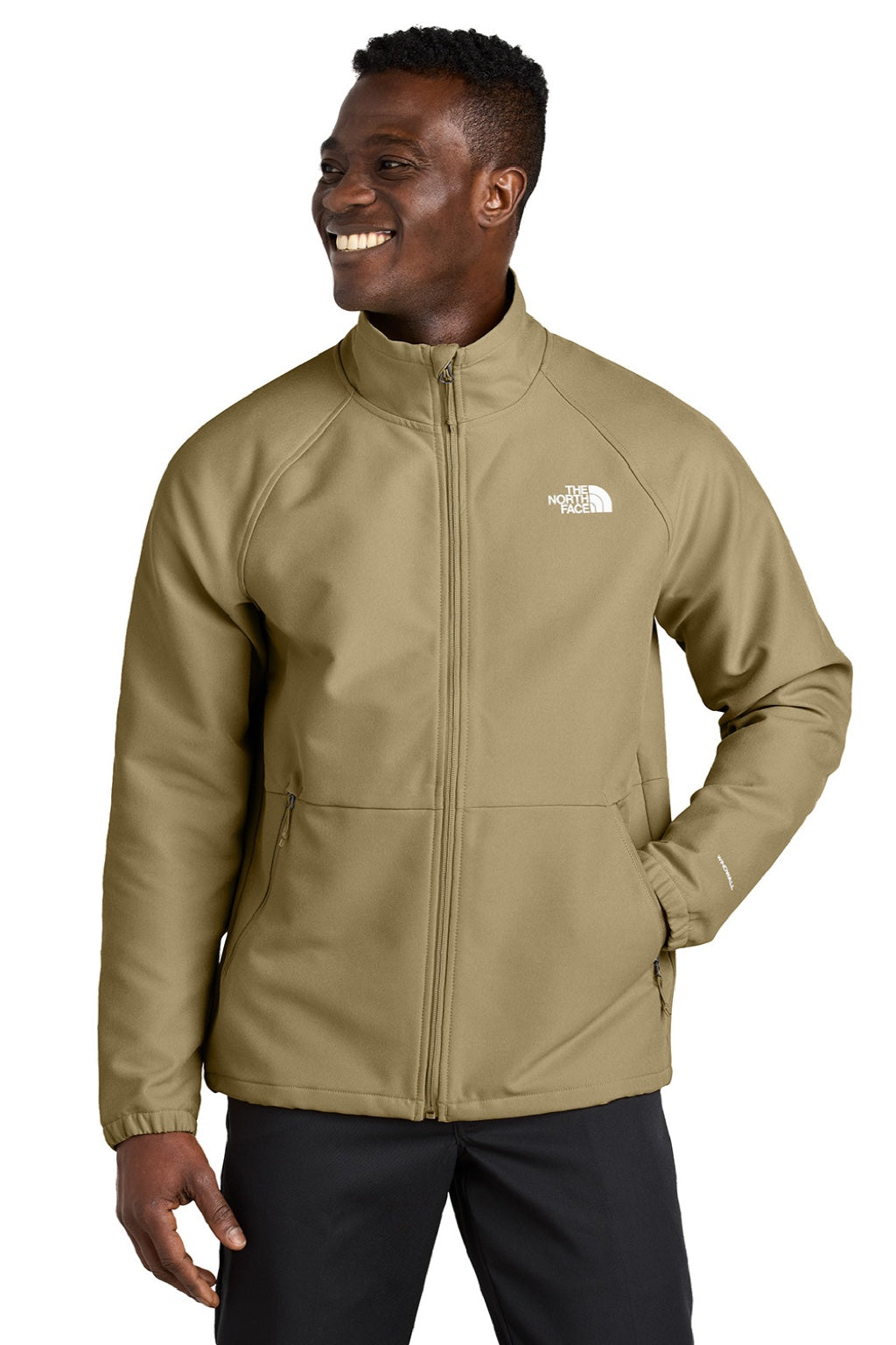 The North Face NF0A8BUD Mens Barr Lake Water Resistant Soft Shell Full Zip Jacket Heather Dark Khaki Stone Model Front