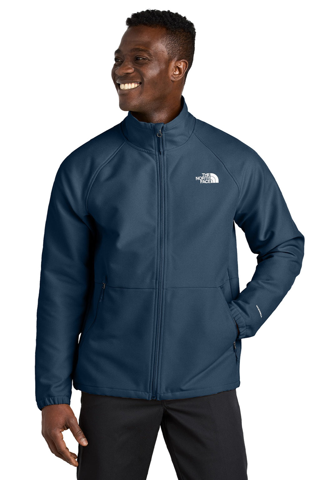The North Face NF0A8BUD Mens Barr Lake Water Resistant Soft Shell Full Zip Jacket Heather Dark Shady Blue Model Front