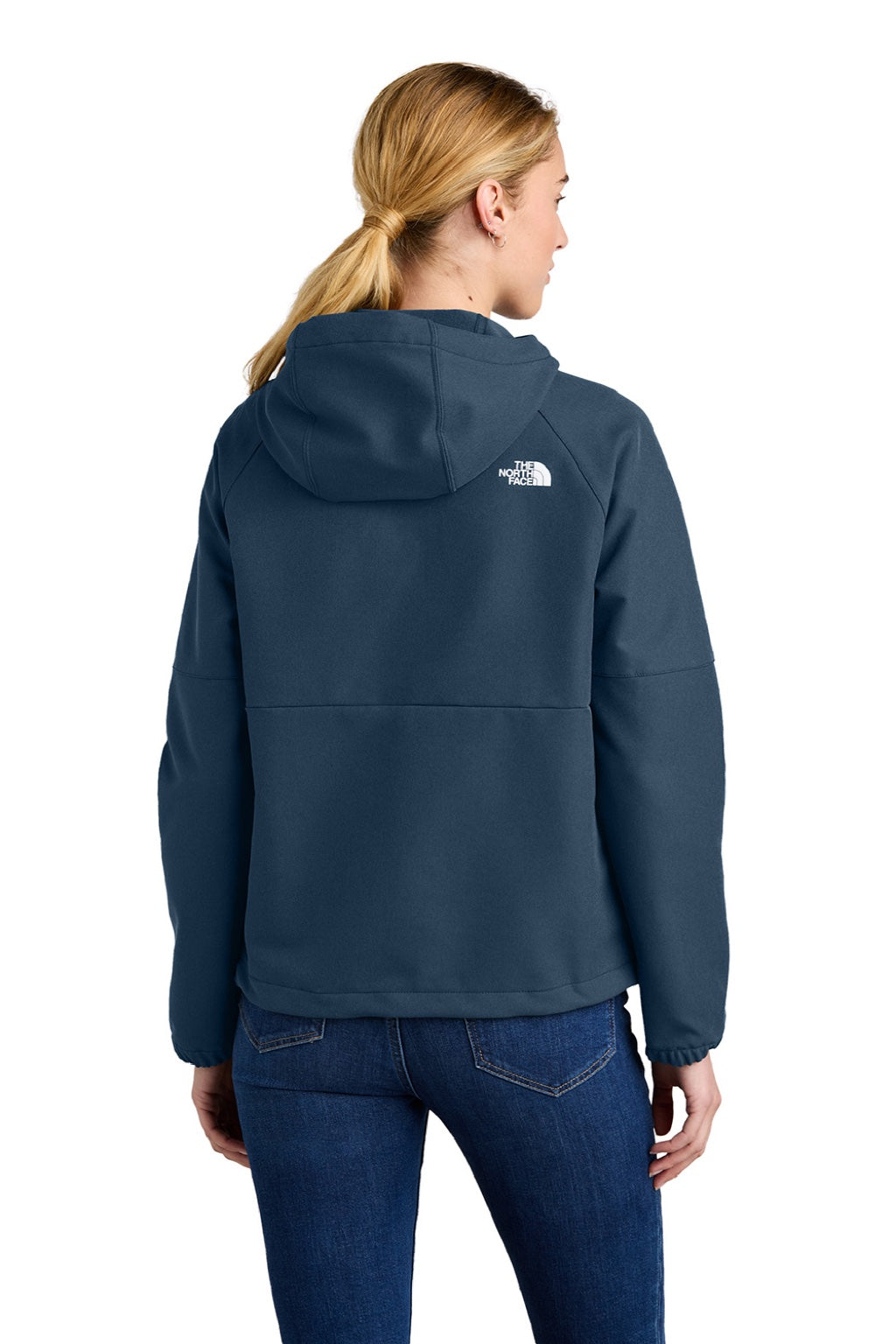 The North Face NF0A8BUE Womens Barr Lake Water Resistant Soft Shell Full Zip Hooded Jacket Heather Dark Shady Blue Model Back