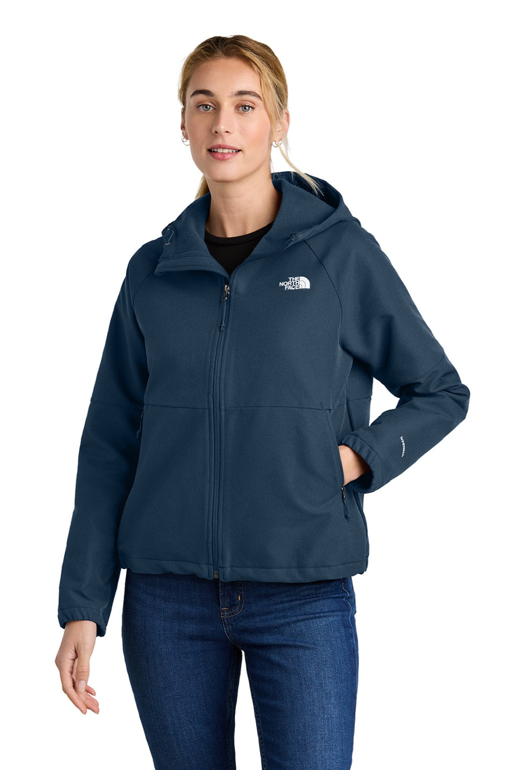 The North Face NF0A8BUE Womens Barr Lake Water Resistant Soft Shell Full Zip Hooded Jacket Heather Dark Shady Blue Model Front