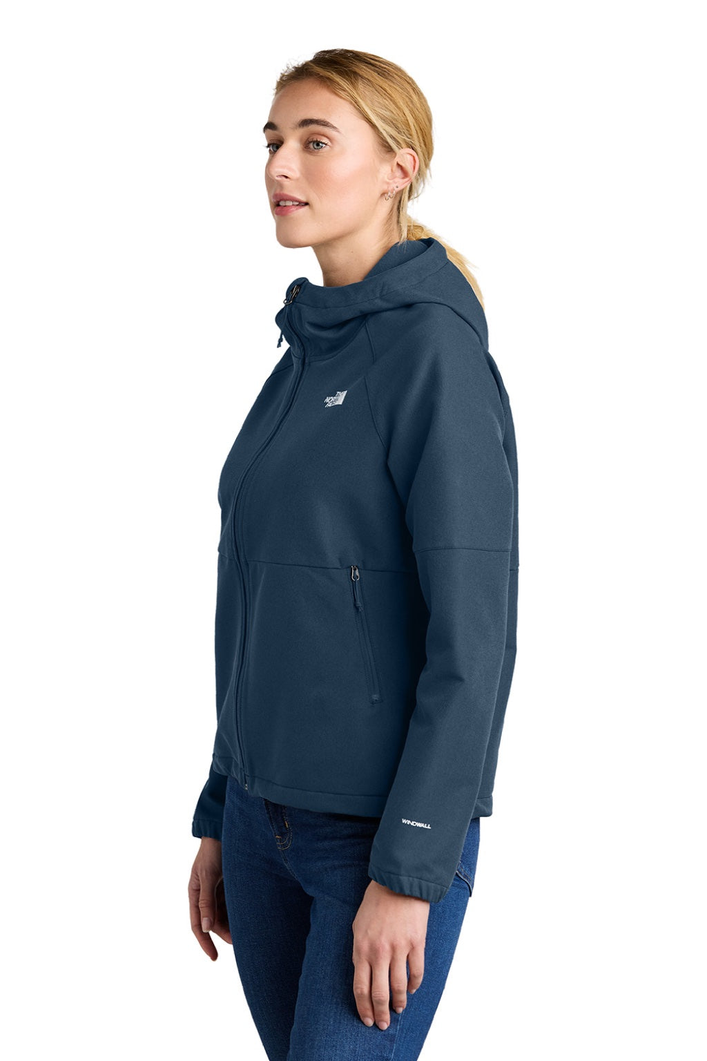 The North Face NF0A8BUE Womens Barr Lake Water Resistant Soft Shell Full Zip Hooded Jacket Heather Dark Shady Blue Model Side