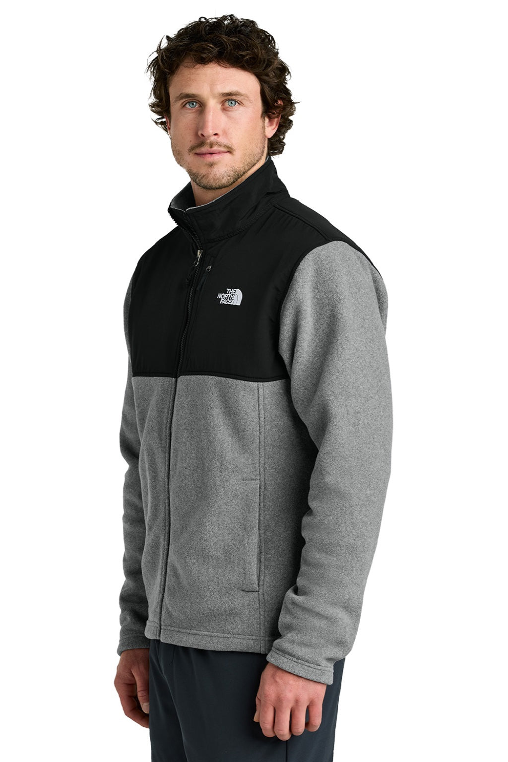 The North Face NF0A8BUQ Mens Highest Peak Fleece Full Zip Jacket Heather Medium Grey/Black Model Side