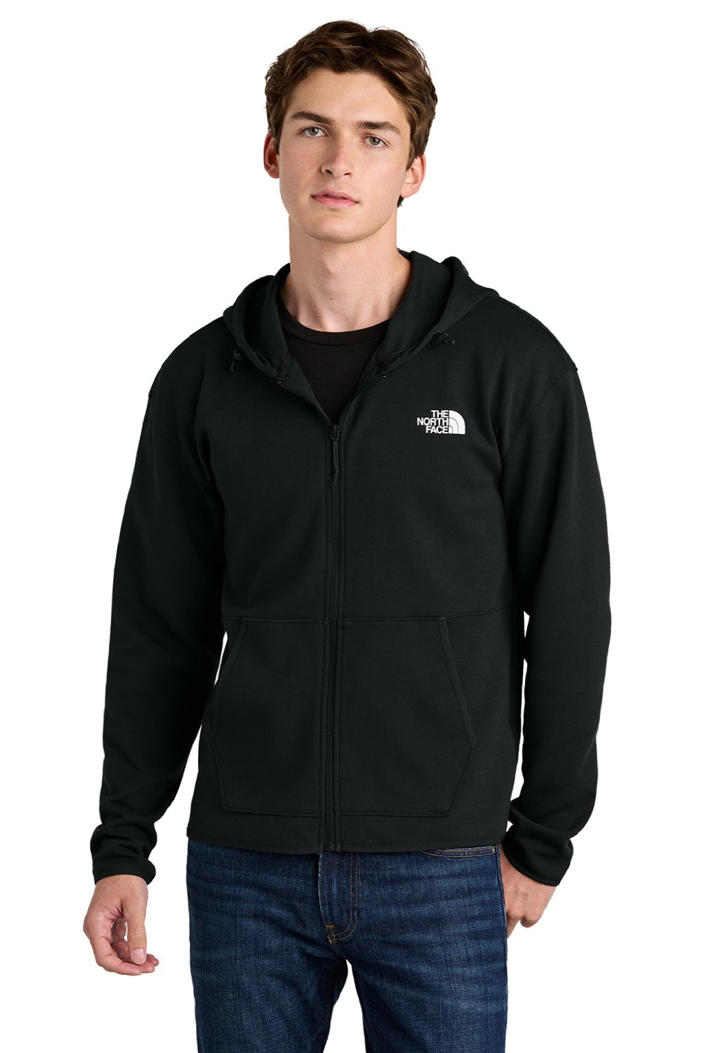 The North Face NF0A8BUS Mens Double Knit Full Zip Hooded Sweatshirt Hoodie w/ Pockets Black Model Front