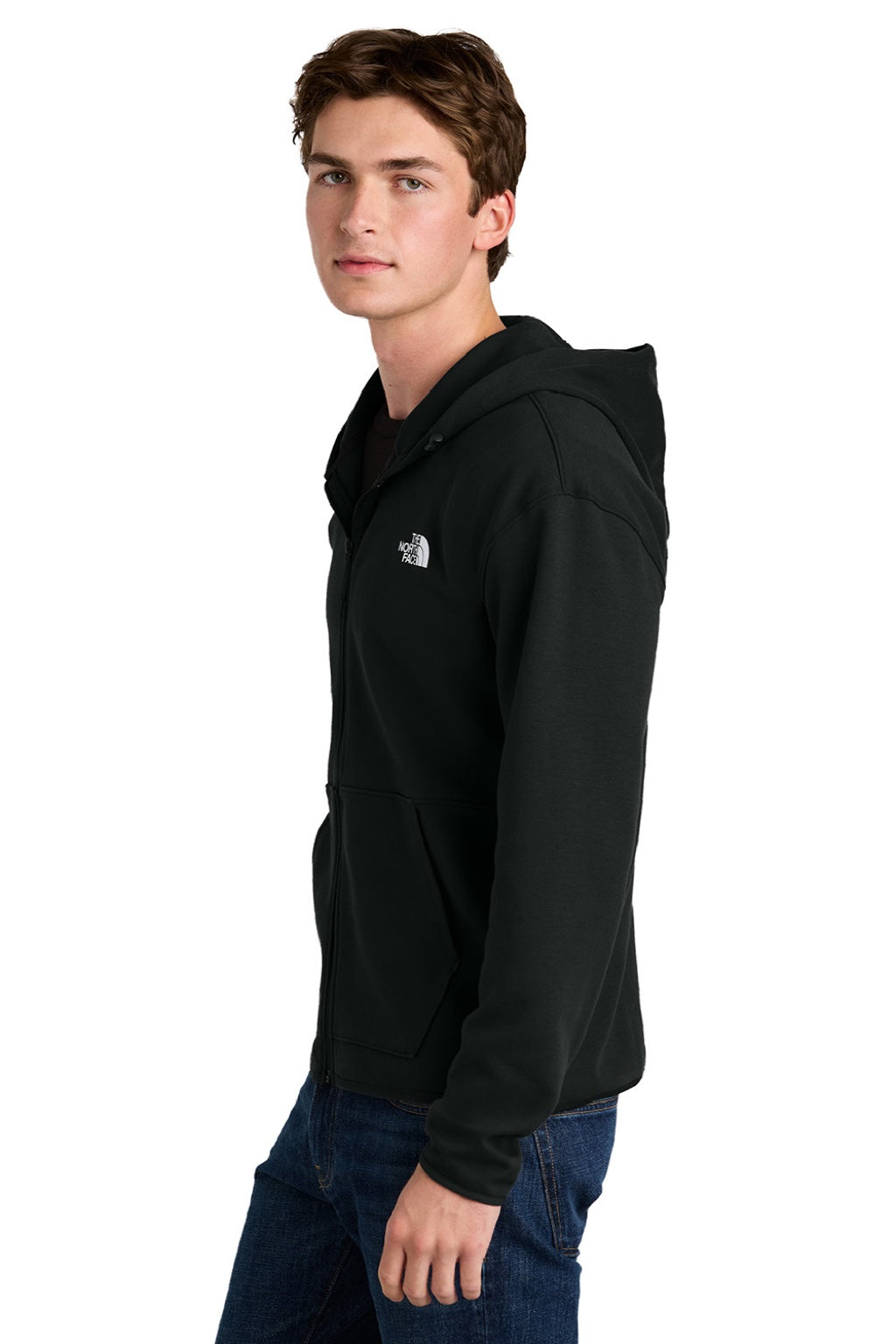 The North Face NF0A8BUS Mens Double Knit Full Zip Hooded Sweatshirt Hoodie w/ Pockets Black Model Side
