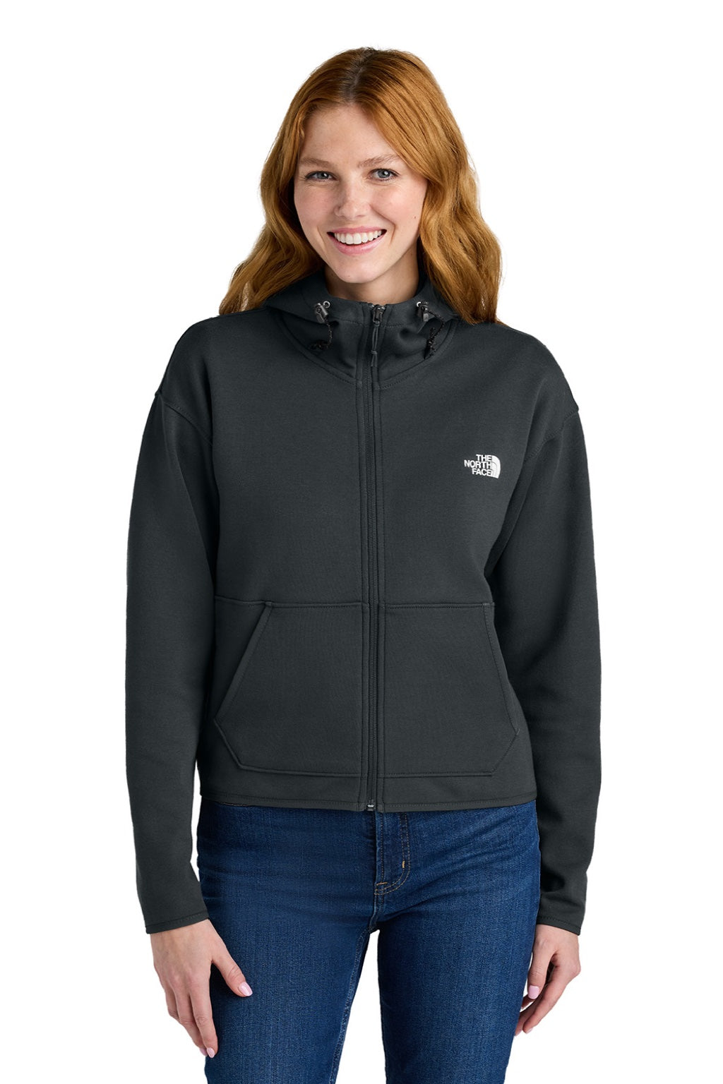 The North Face NF0A8BUT Womens Double Knit Full Zip Hooded Sweatshirt Hoodie w/ Pockets Asphalt Grey Model Front