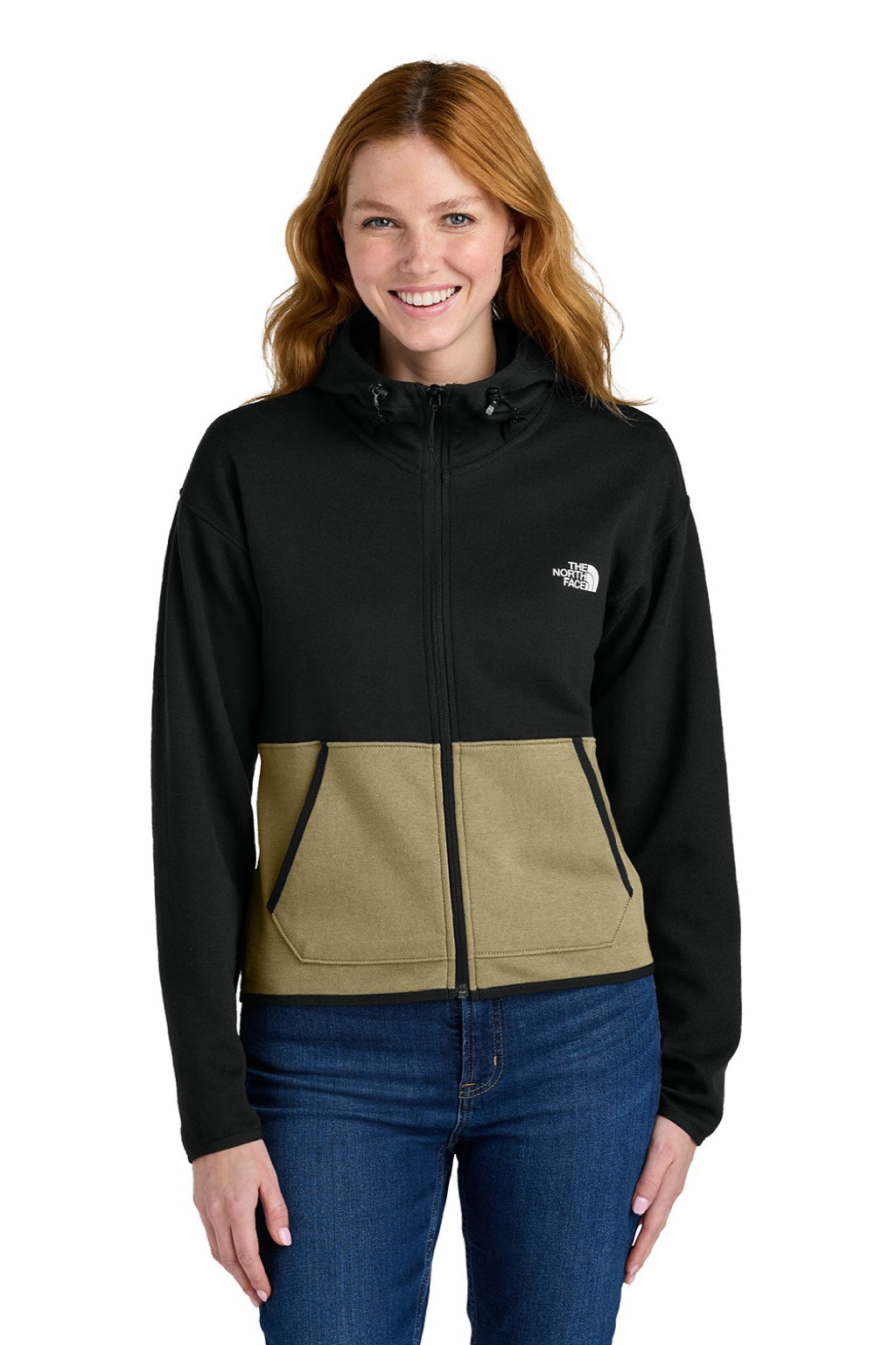 The North Face NF0A8BUT Womens Double Knit Full Zip Hooded Sweatshirt Hoodie w/ Pockets Khaki Stone/Black Model Front