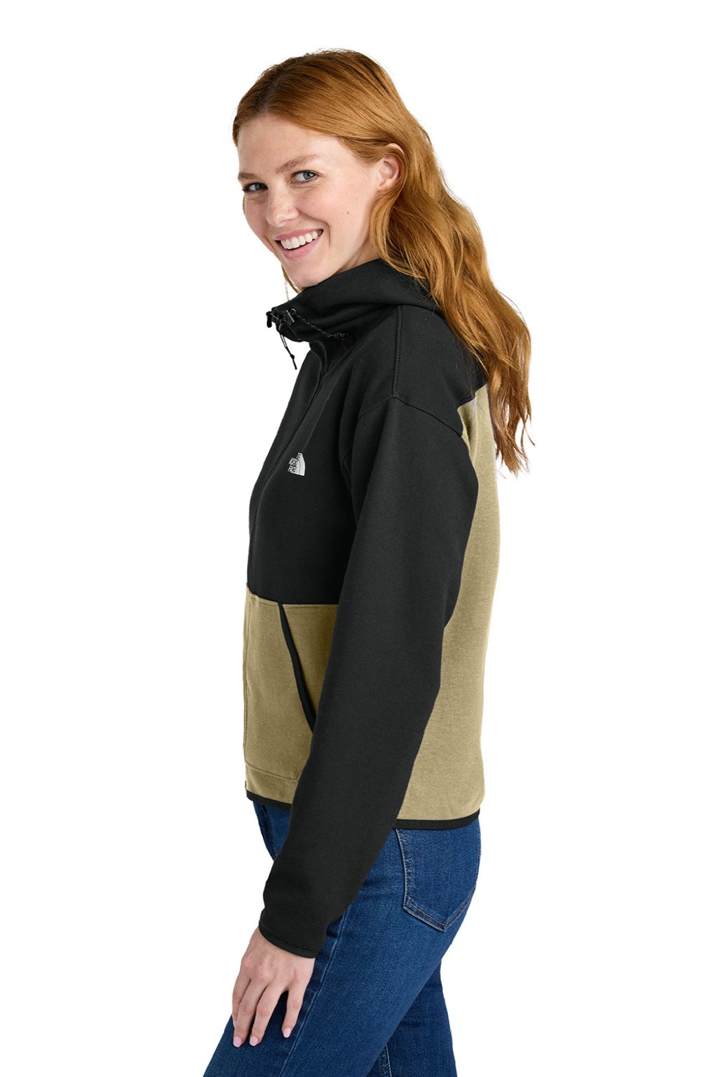The North Face NF0A8BUT Womens Double Knit Full Zip Hooded Sweatshirt Hoodie w/ Pockets Khaki Stone/Black Model Side