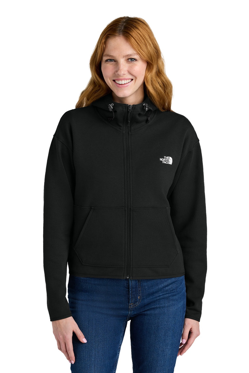 The North Face NF0A8BUT Womens Double Knit Full Zip Hooded Sweatshirt Hoodie w/ Pockets Black Model Front