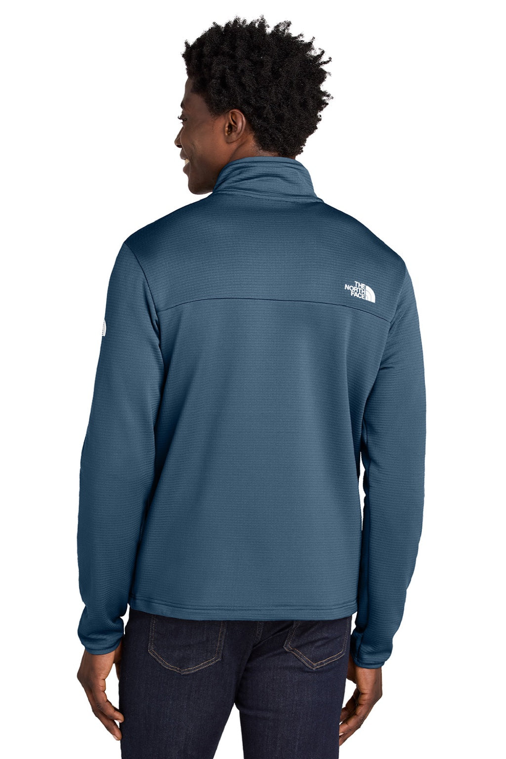 The North Face NF0A8ENJ Mens Aim Fleece 1/4 Zip Sweatshirt Shady Blue Model Back