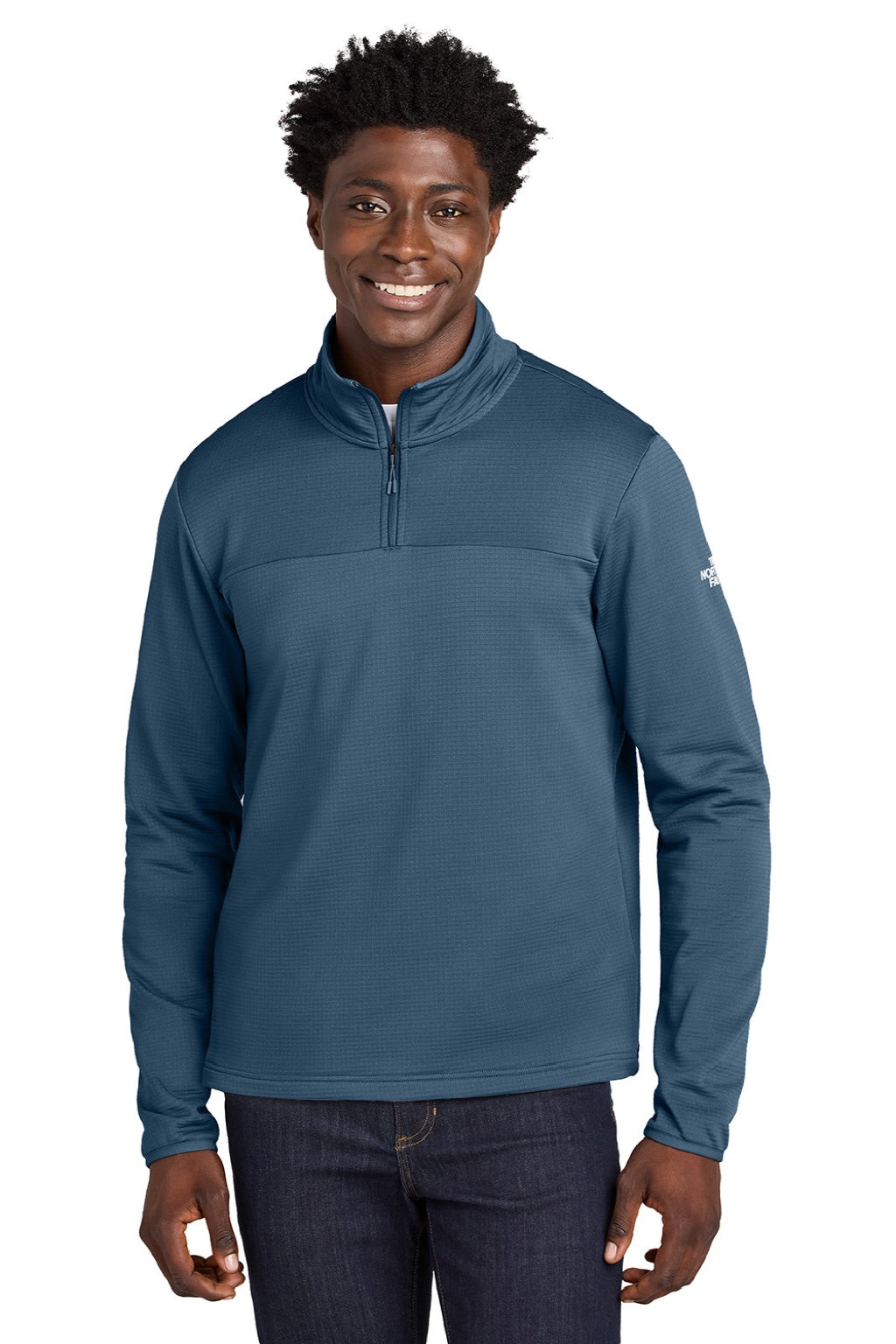 The North Face NF0A8ENJ Mens Aim Fleece 1/4 Zip Sweatshirt Shady Blue Model Front