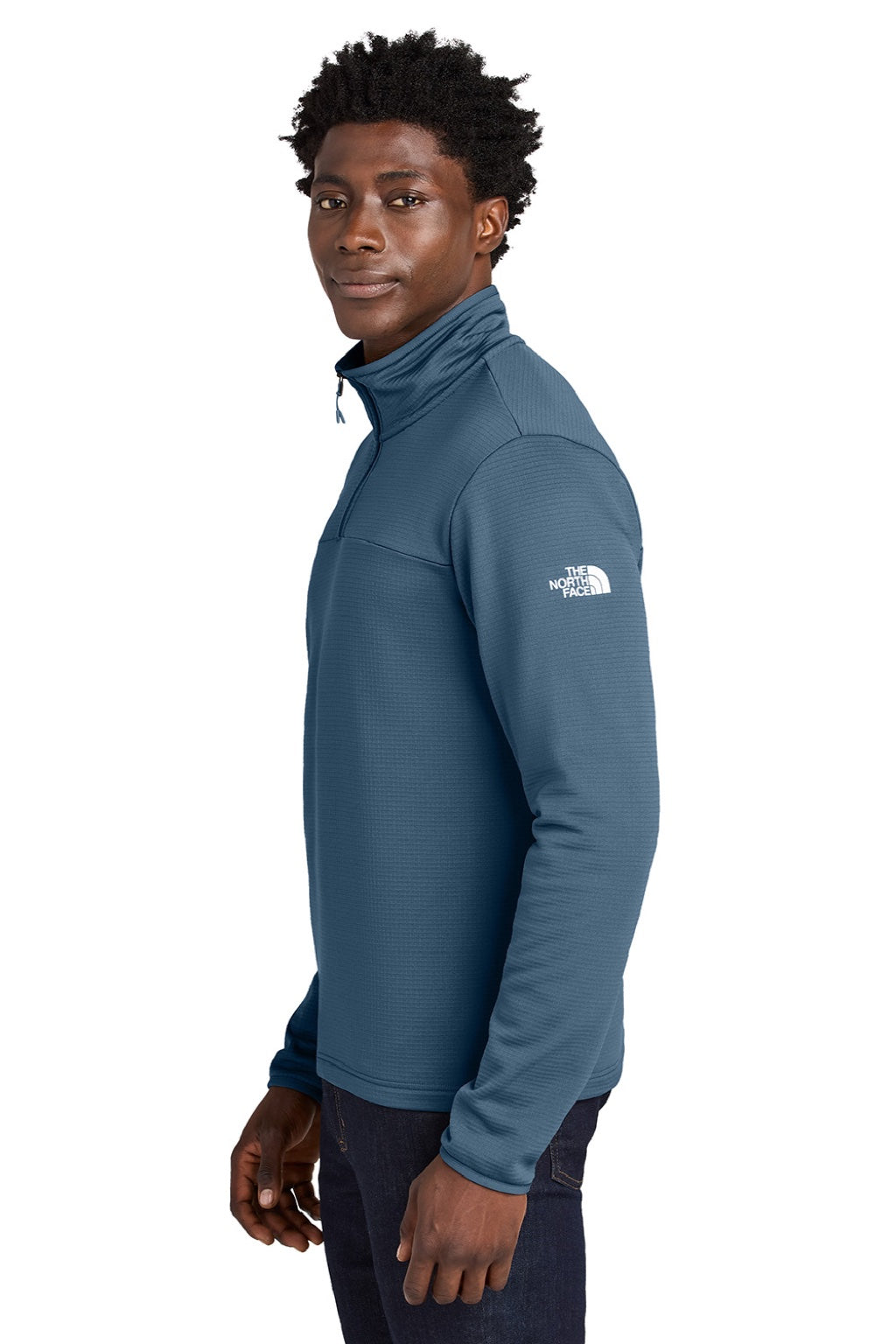The North Face NF0A8ENJ Mens Aim Fleece 1/4 Zip Sweatshirt Shady Blue Model Side