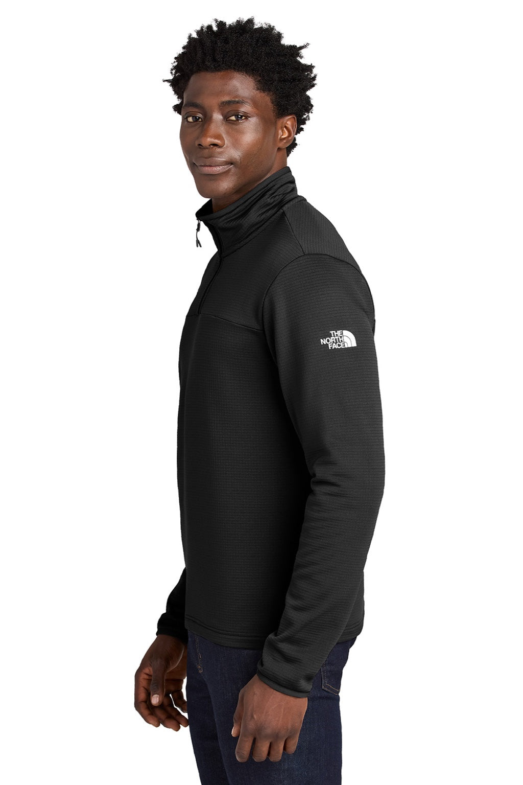 The North Face NF0A8ENJ Mens Aim Fleece 1/4 Zip Sweatshirt Black Model Side