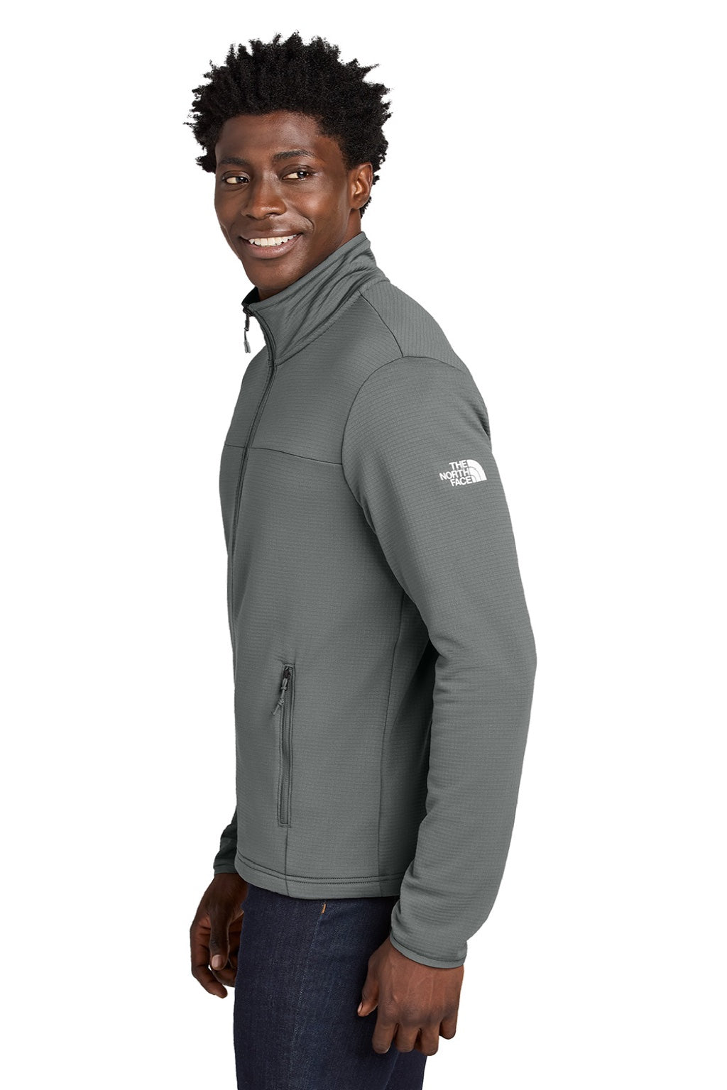 The North Face NF0A8ENK Mens Aim Fleece Full Zip Jacket Smoked Pearl Grey Model Side