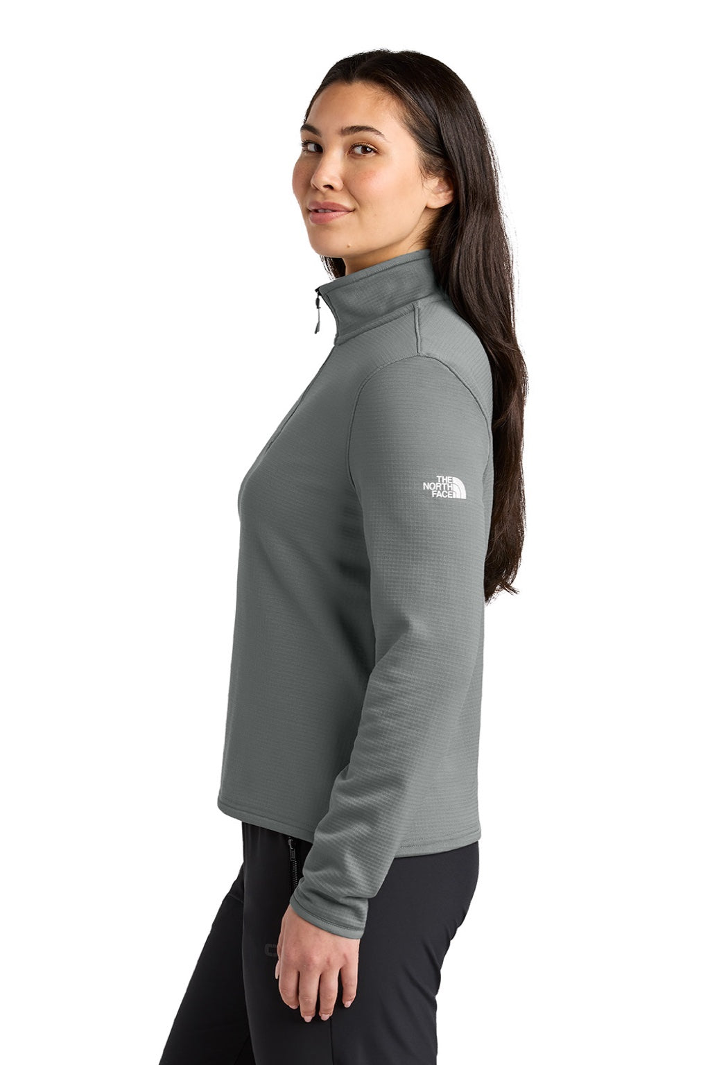 The North Face NF0A8FQK Womens Aim 1/4 Zip Fleece Sweatshirt Smoked Pearl Grey Model Side