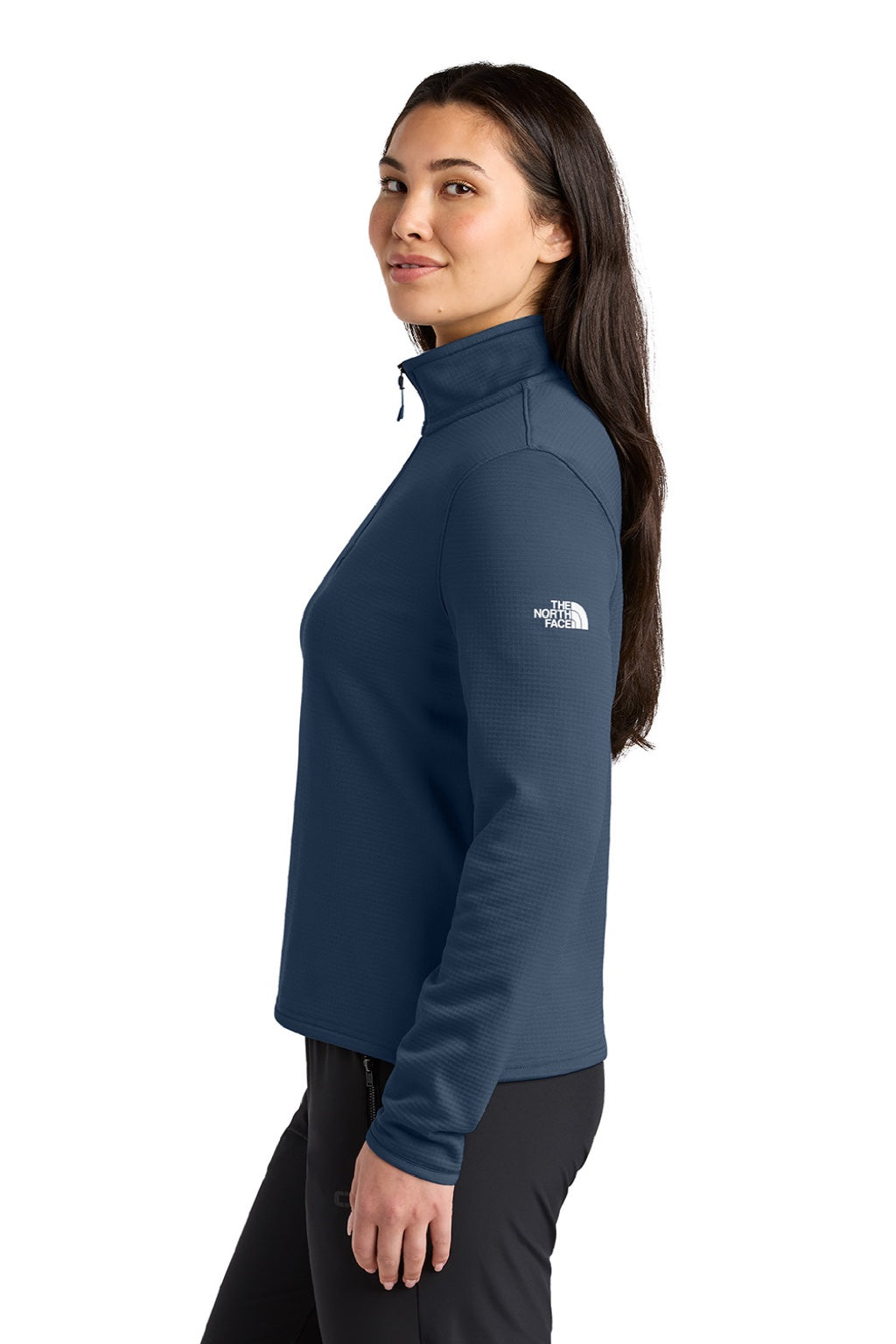 The North Face NF0A8FQK Womens Aim 1/4 Zip Fleece Sweatshirt Summit Navy Blue Model Side