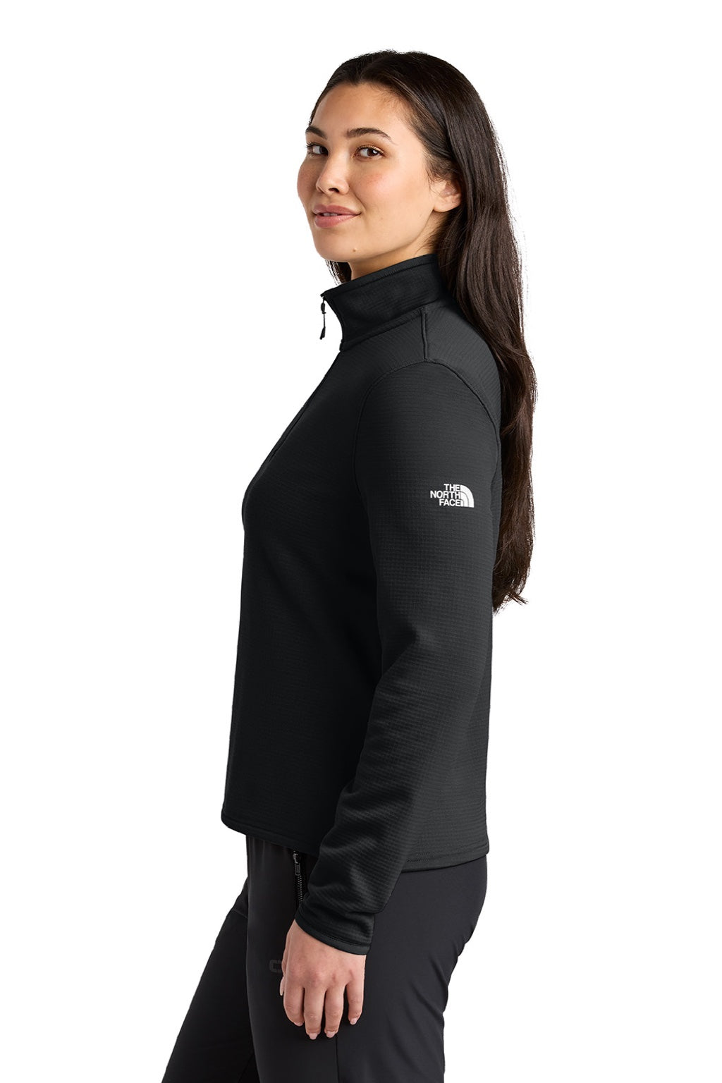 The North Face NF0A8FQK Womens Aim 1/4 Zip Fleece Sweatshirt Black Model Side