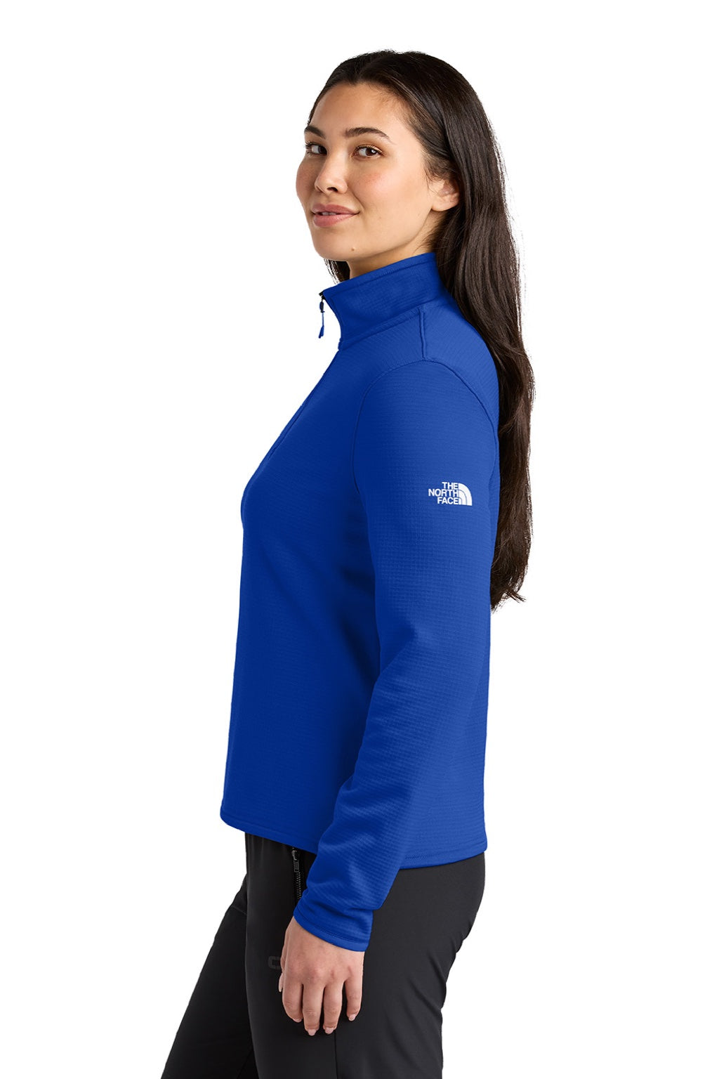 The North Face NF0A8FQK Womens Aim 1/4 Zip Fleece Sweatshirt Blue Model Side