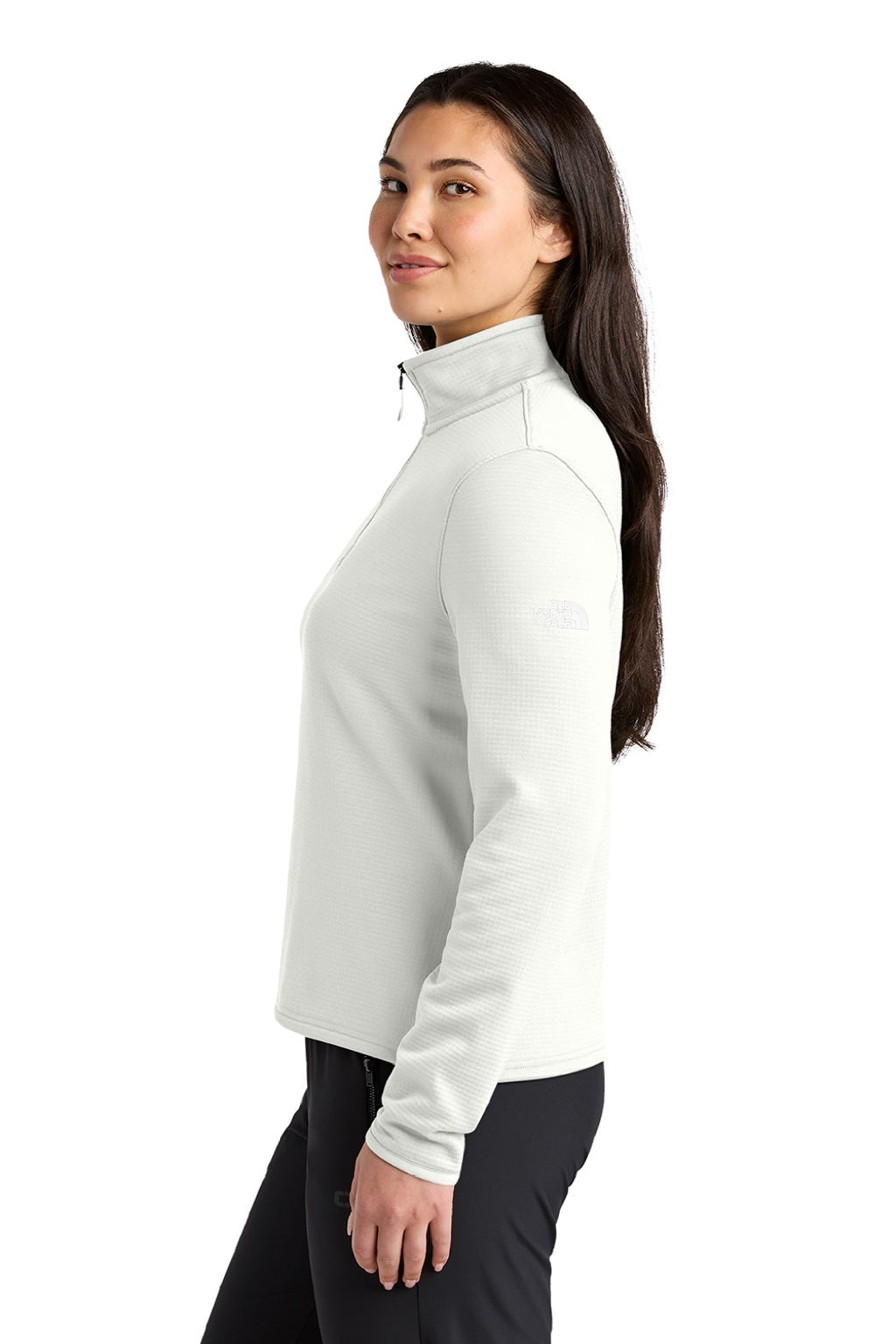 The North Face NF0A8FQK Womens Aim 1/4 Zip Fleece Sweatshirt Dune White Model Side