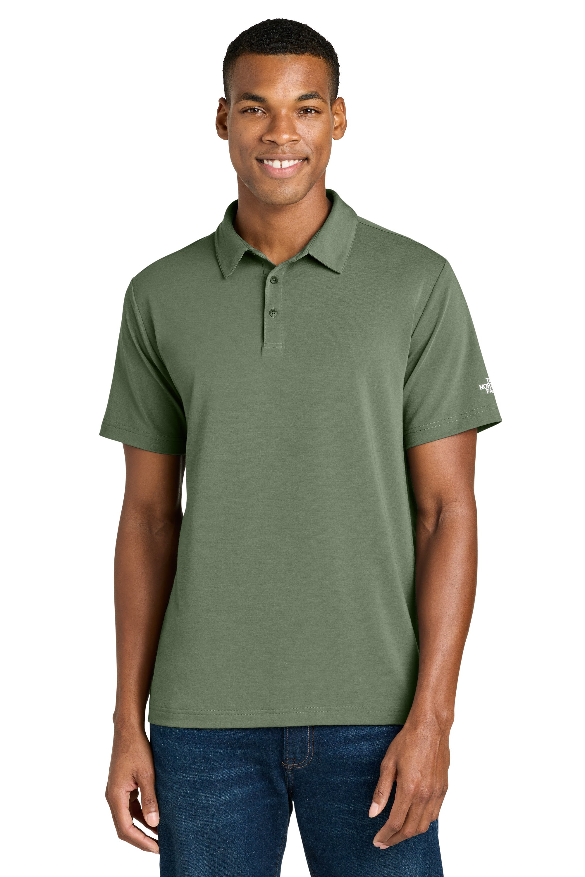 The North Face NF0A8GE0 Mens Canyon Crest Short Sleeve Polo Shirt Bark Mist Green Model Front