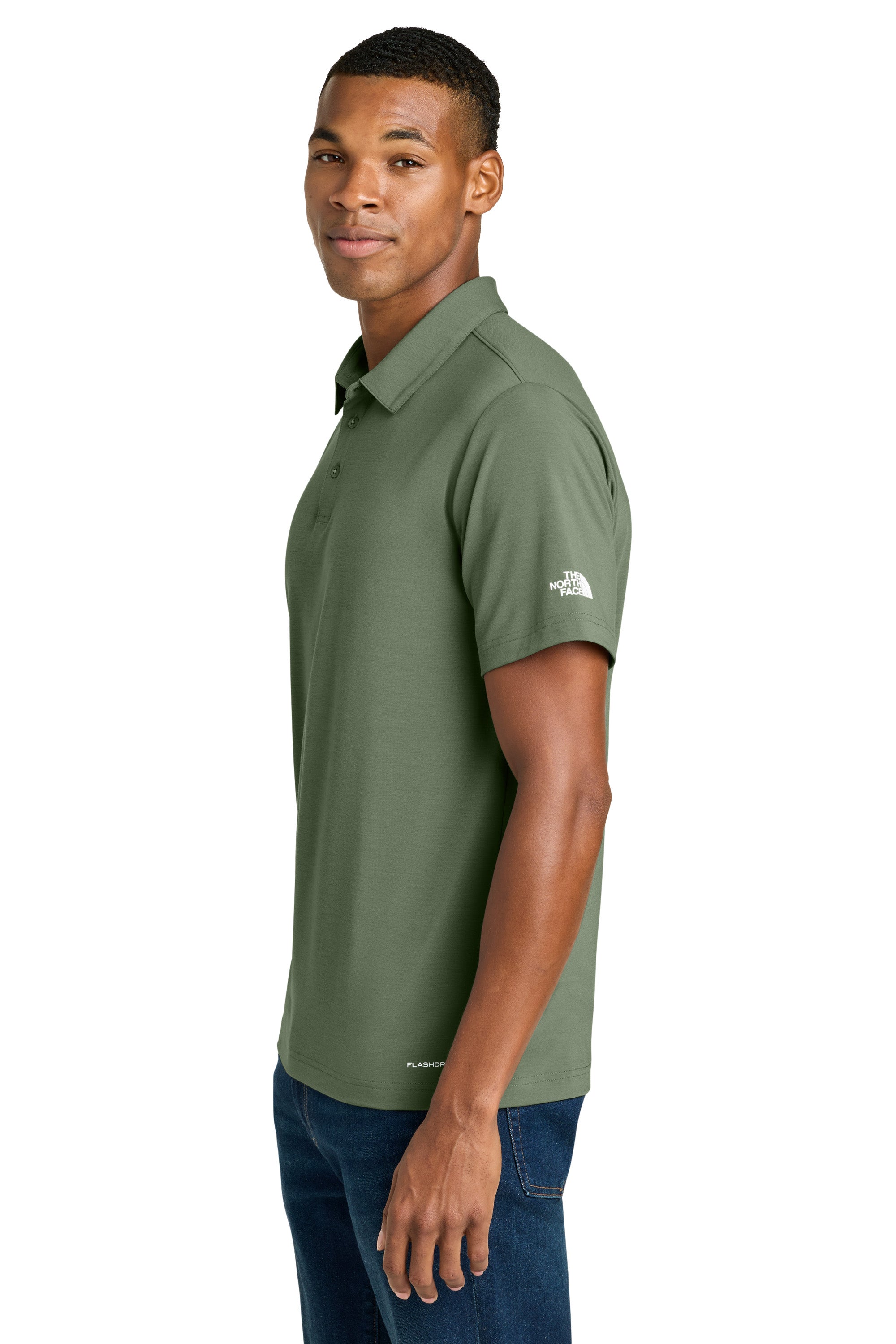 The North Face NF0A8GE0 Mens Canyon Crest Short Sleeve Polo Shirt Bark Mist Green Model Side