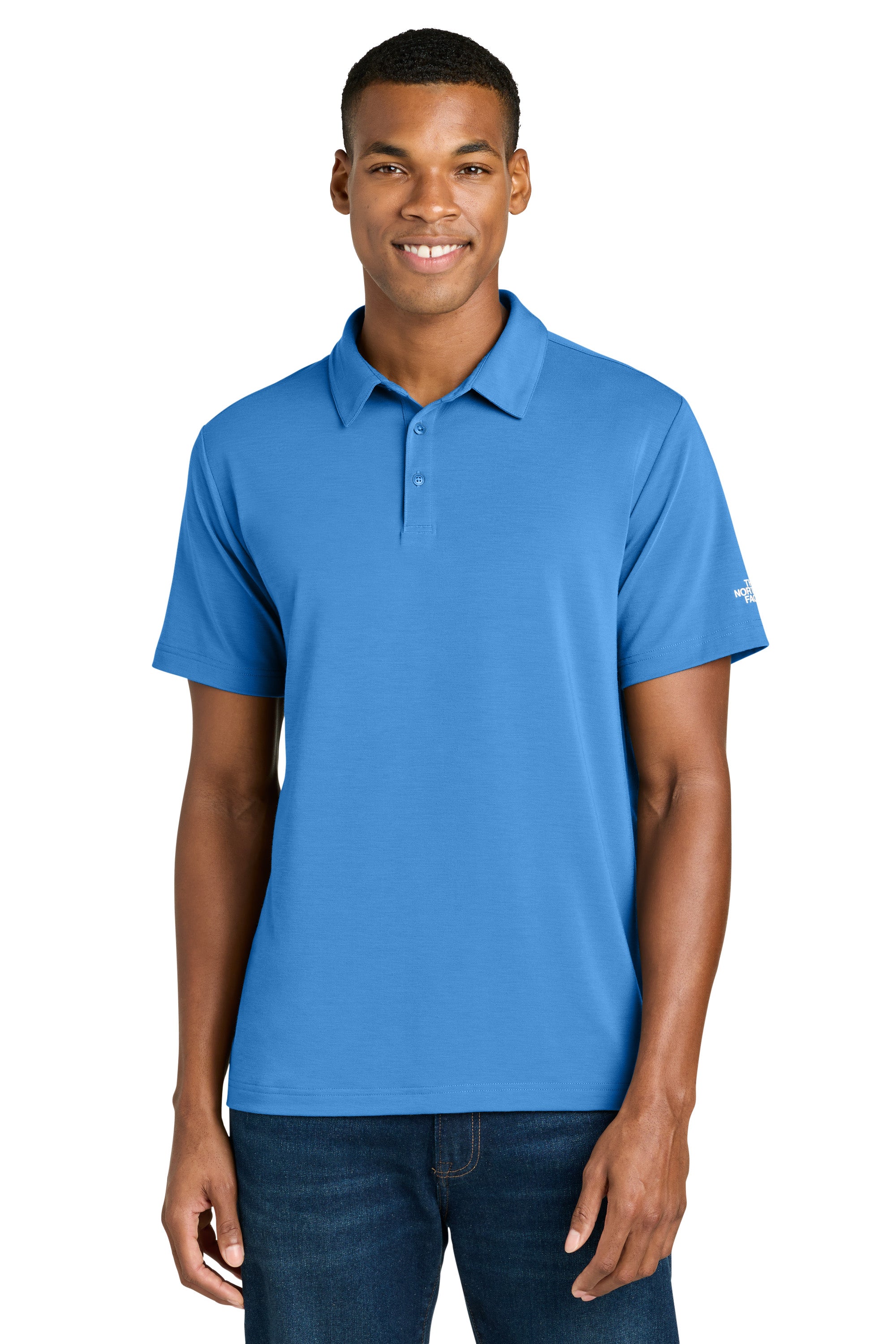 The North Face NF0A8GE0 Mens Canyon Crest Short Sleeve Polo Shirt Marina Blue Model Front