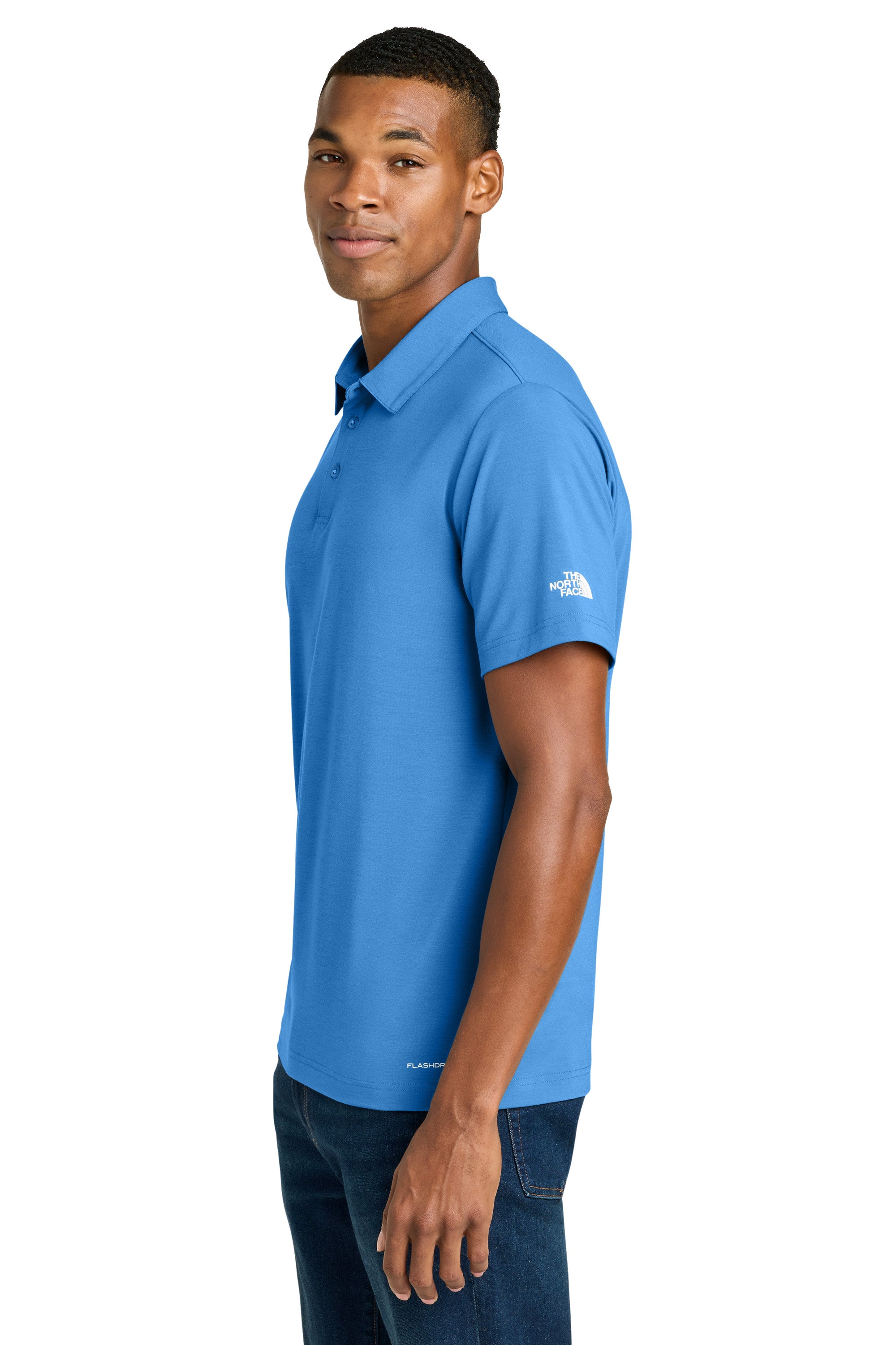 The North Face NF0A8GE0 Mens Canyon Crest Short Sleeve Polo Shirt Marina Blue Model Side