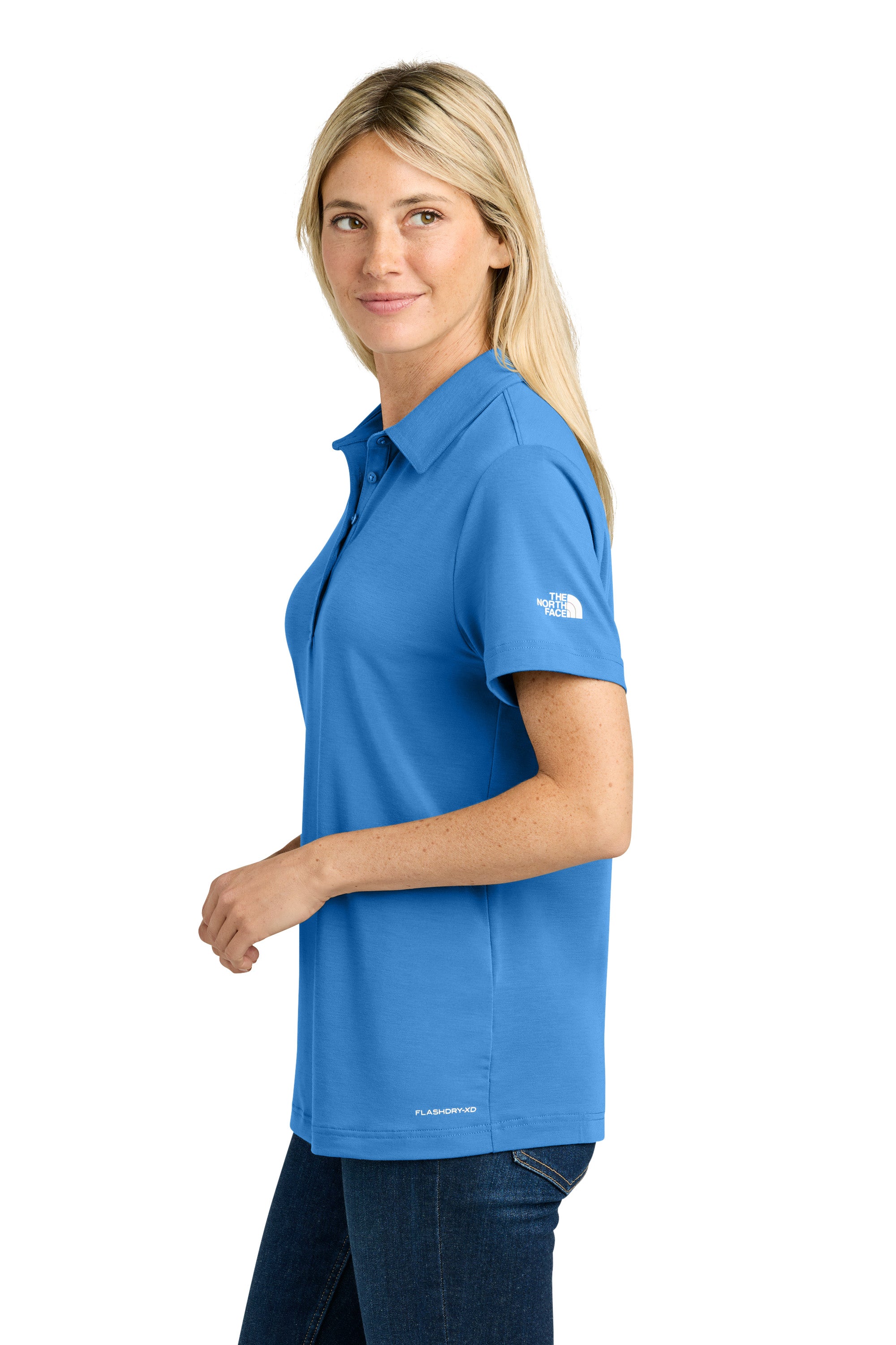 The North Face NF0A8GE1 Womens Canyon Crest Short Sleeve Polo Shirt Marina Blue Model Side