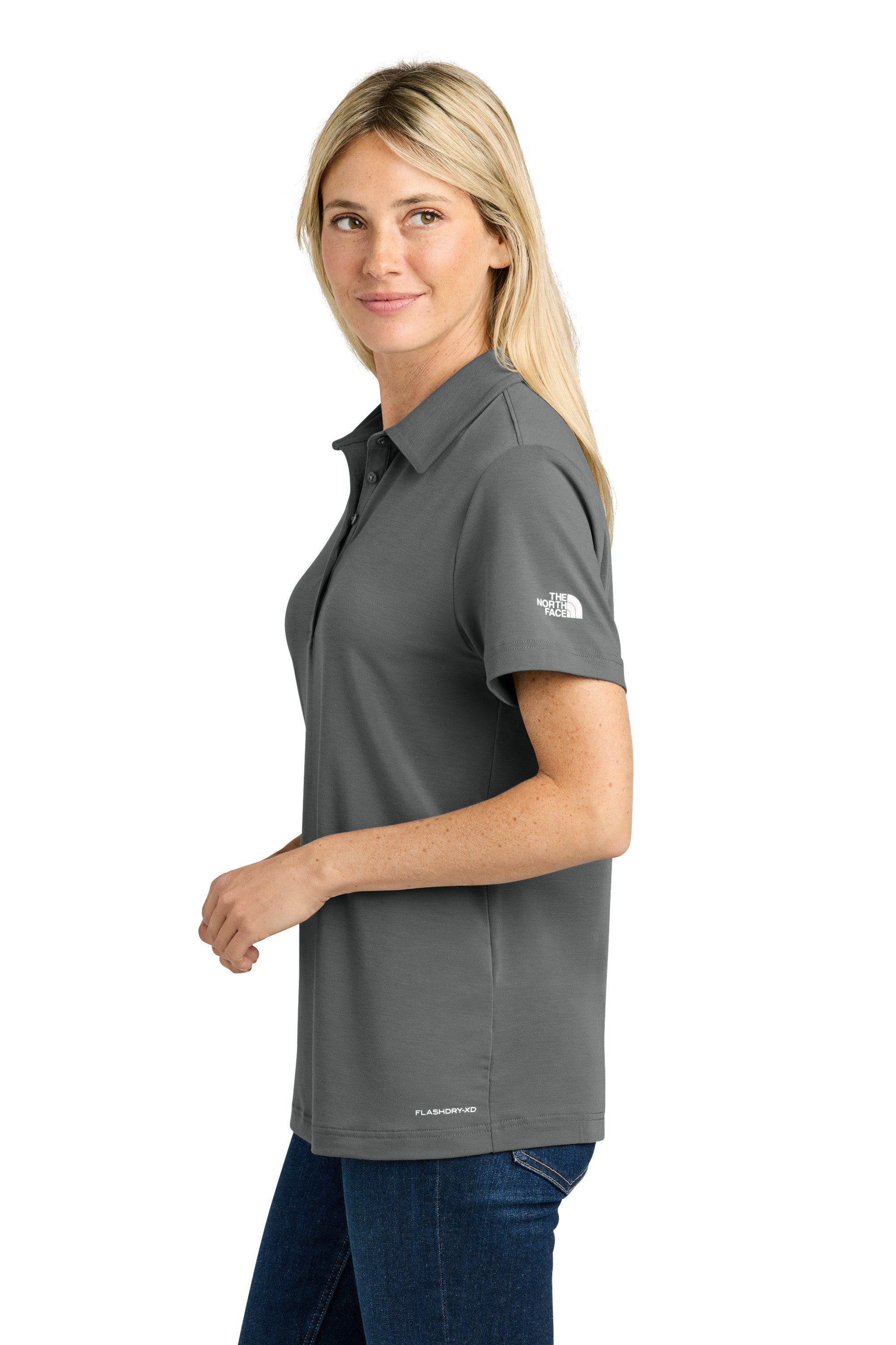 The North Face NF0A8GE1 Womens Canyon Crest Short Sleeve Polo Shirt Smoked Pearl Grey Model Side
