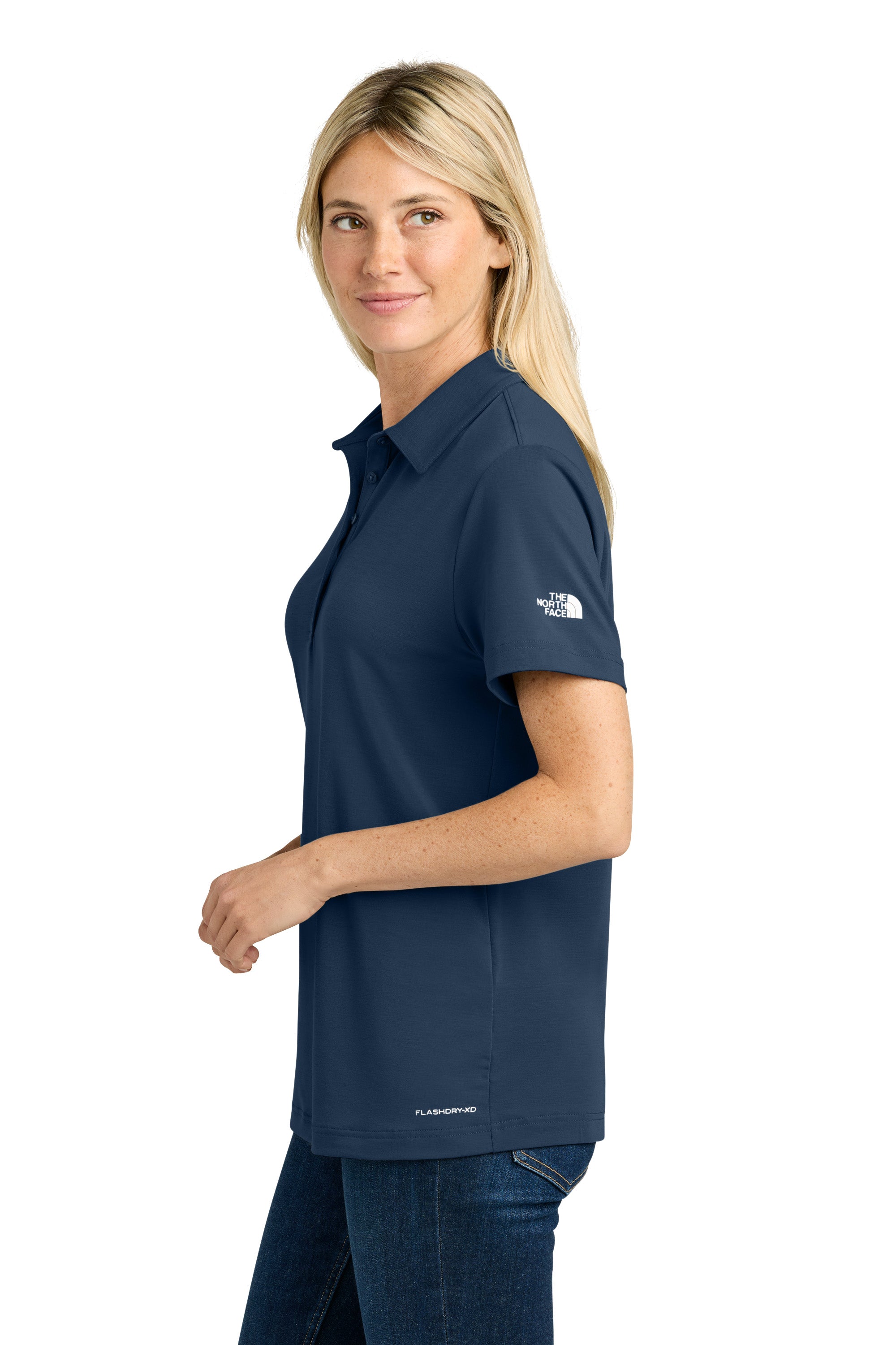 The North Face NF0A8GE1 Womens Canyon Crest Short Sleeve Polo Shirt Summit Navy Blue Model Side