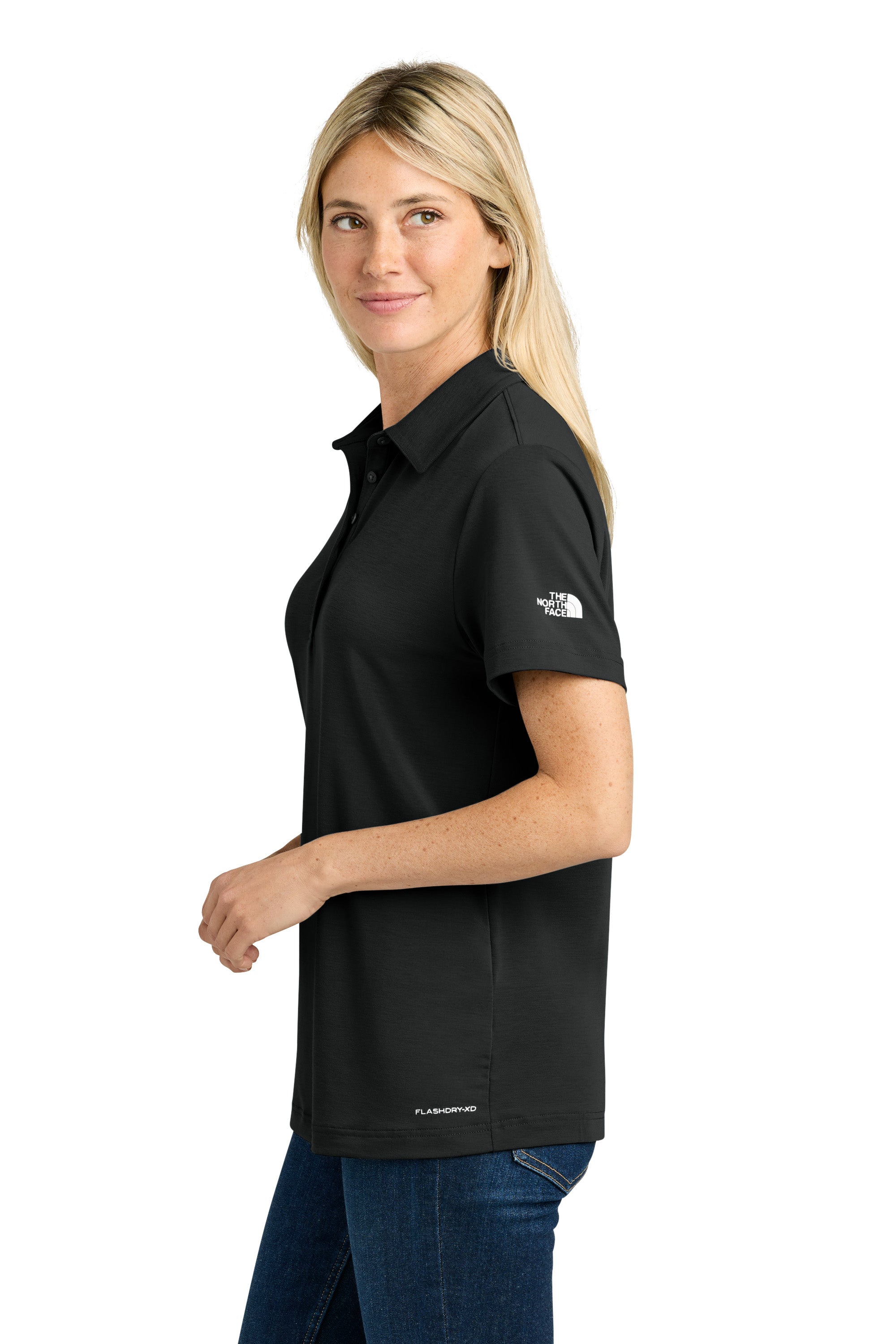 The North Face NF0A8GE1 Womens Canyon Crest Short Sleeve Polo Shirt Black Model Side