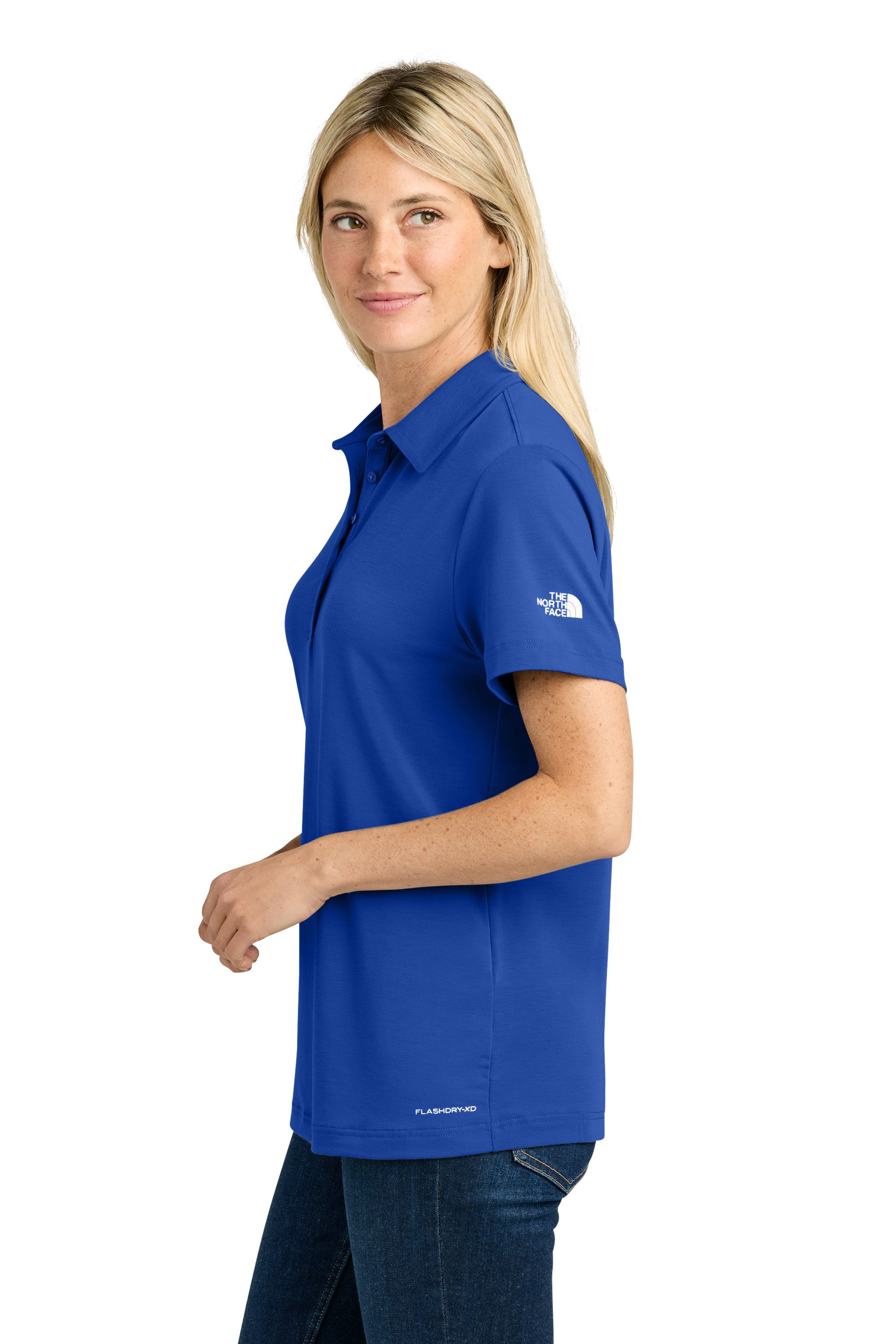 The North Face NF0A8GE1 Womens Canyon Crest Short Sleeve Polo Shirt Blue Model Side