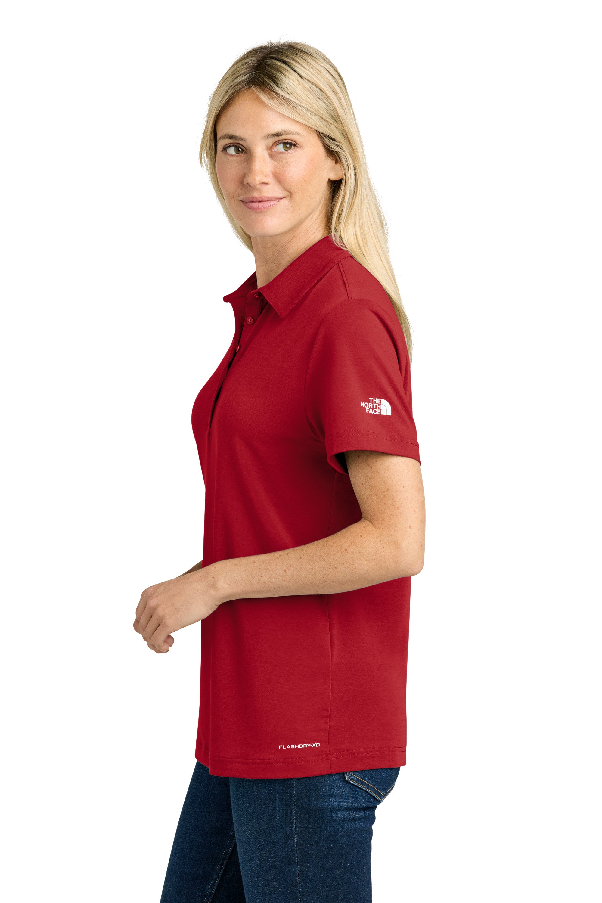 The North Face NF0A8GE1 Womens Canyon Crest Short Sleeve Polo Shirt Red Model Side