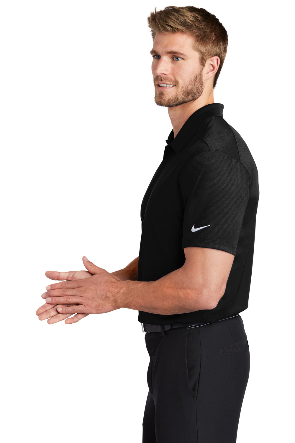 Nike NKBV6042 Mens Essential Dri-Fit Moisture Wicking Short Sleeve Polo Shirt Black Model Side