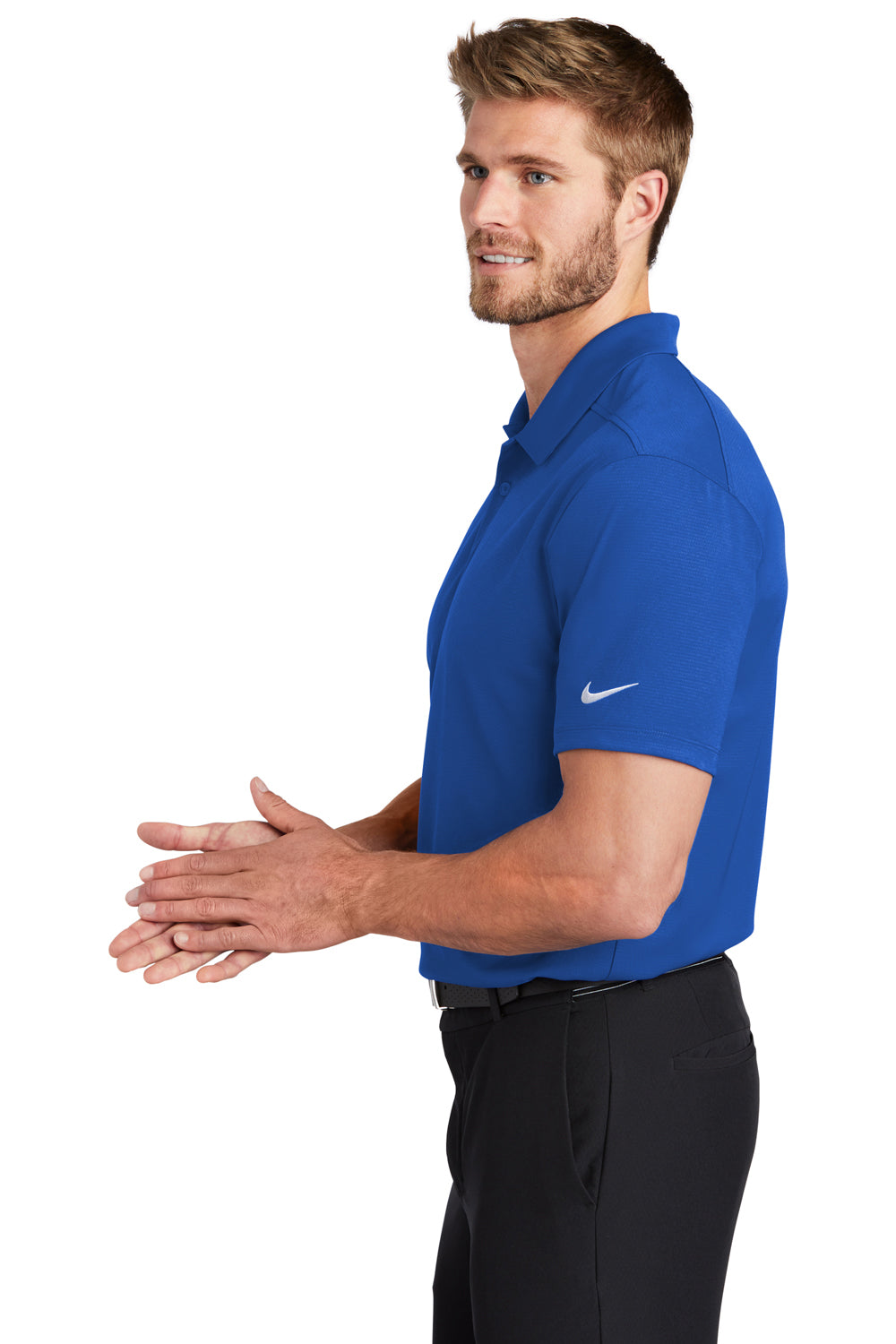 Nike NKBV6042 Mens Essential Dri-Fit Moisture Wicking Short Sleeve Polo Shirt Game Royal Blue Model Side