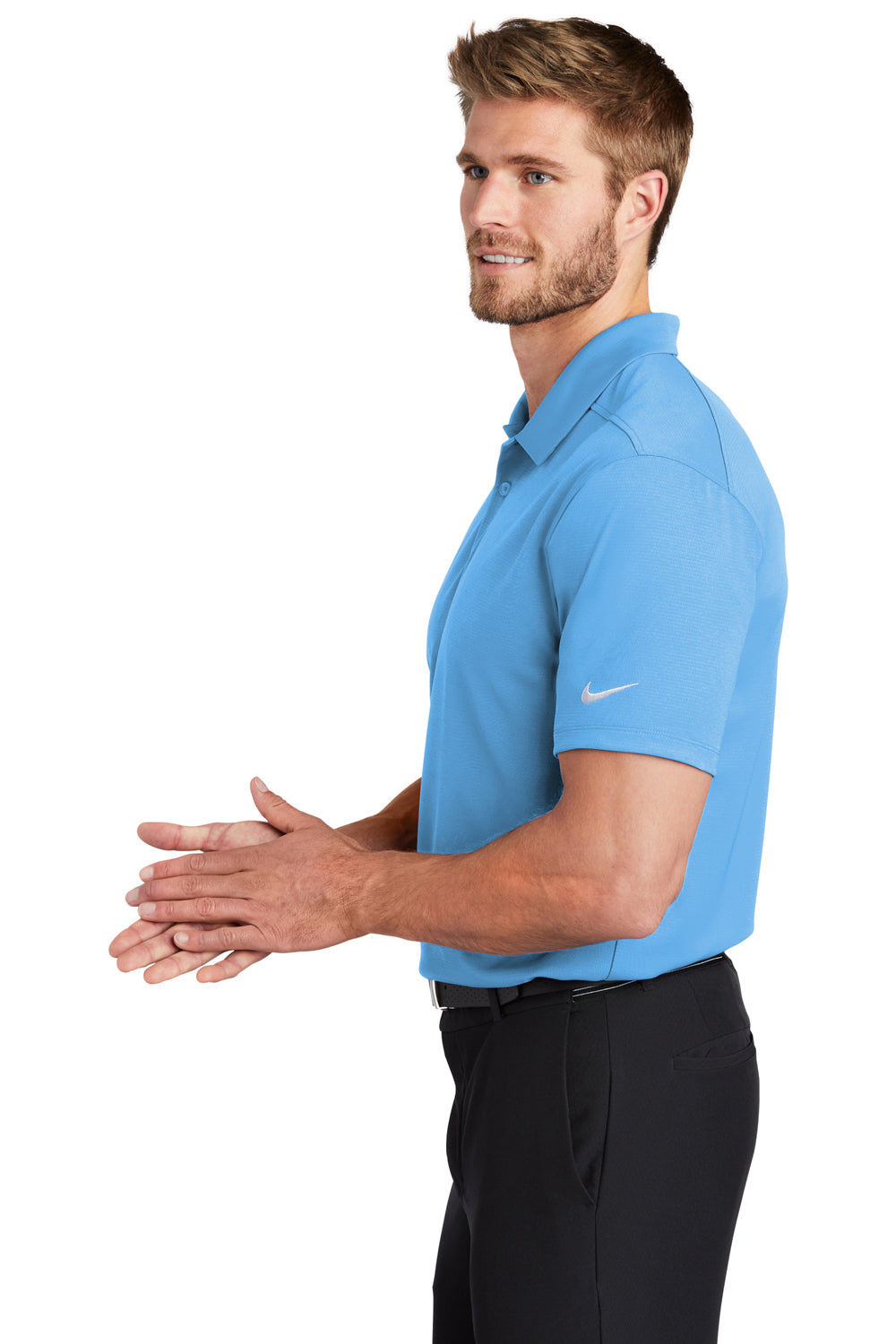 Nike NKBV6042 Mens Essential Dri-Fit Moisture Wicking Short Sleeve Polo Shirt University Blue Model Side