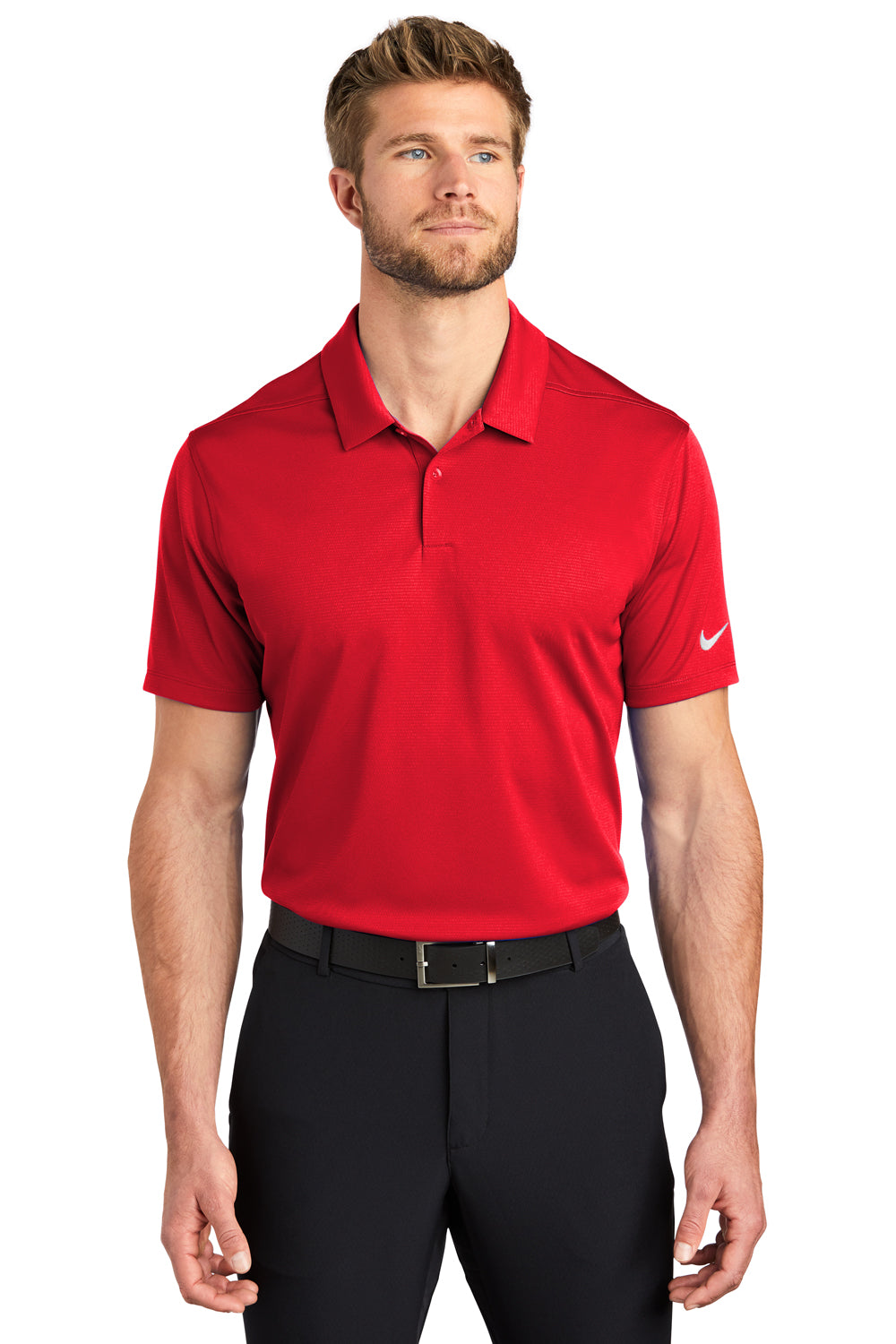 Nike NKBV6042 Mens Essential Dri-Fit Moisture Wicking Short Sleeve Polo Shirt University Red Model Front