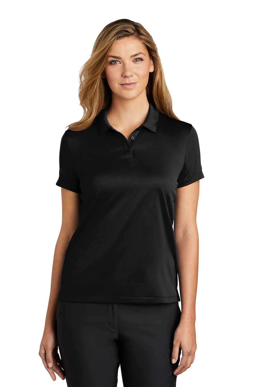 Nike NKBV6043 Womens Essential Dri-Fit Moisture Wicking Short Sleeve Polo Shirt Black Model Front