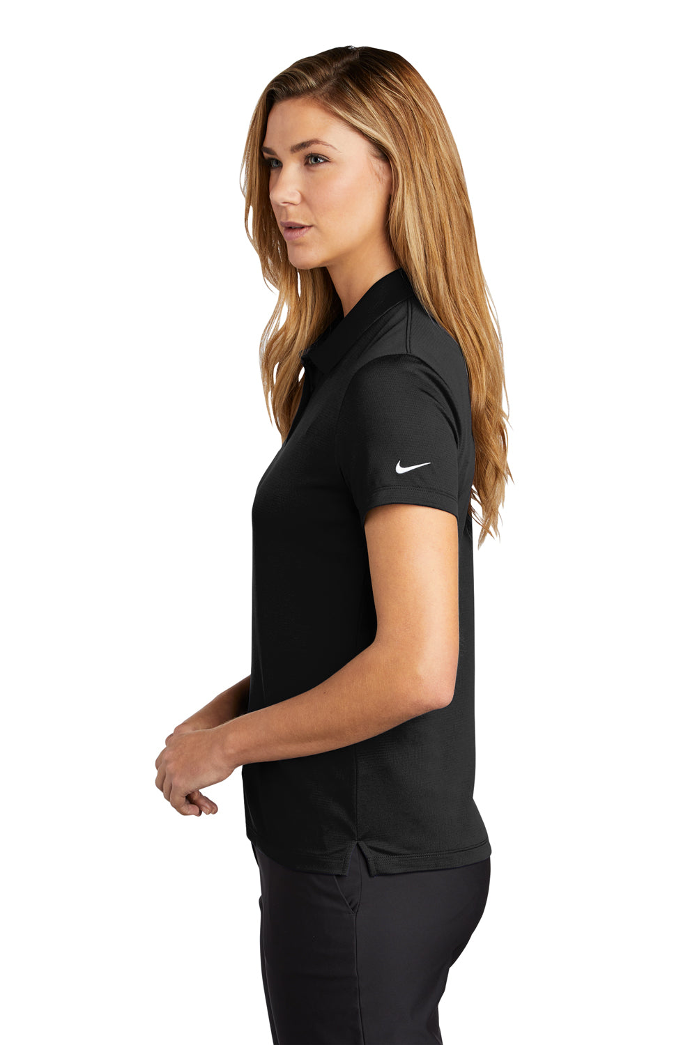 Nike NKBV6043 Womens Essential Dri-Fit Moisture Wicking Short Sleeve Polo Shirt Black Model Side