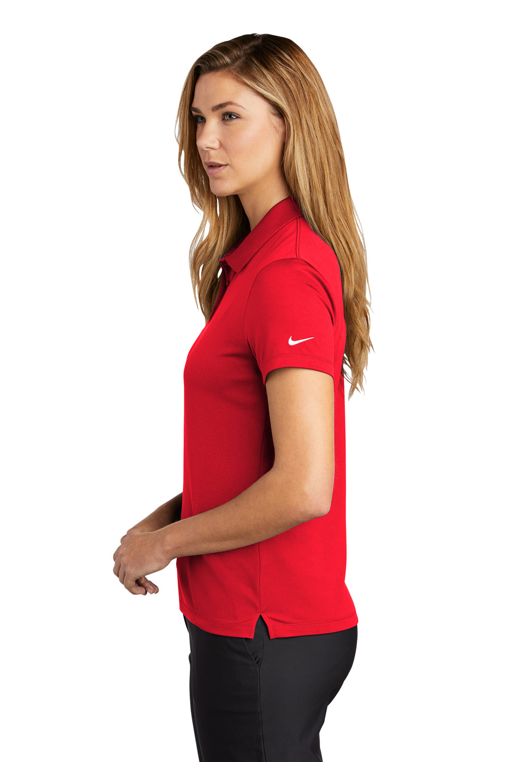 Nike NKBV6043 Womens Essential Dri-Fit Moisture Wicking Short Sleeve Polo Shirt University Red Model Side