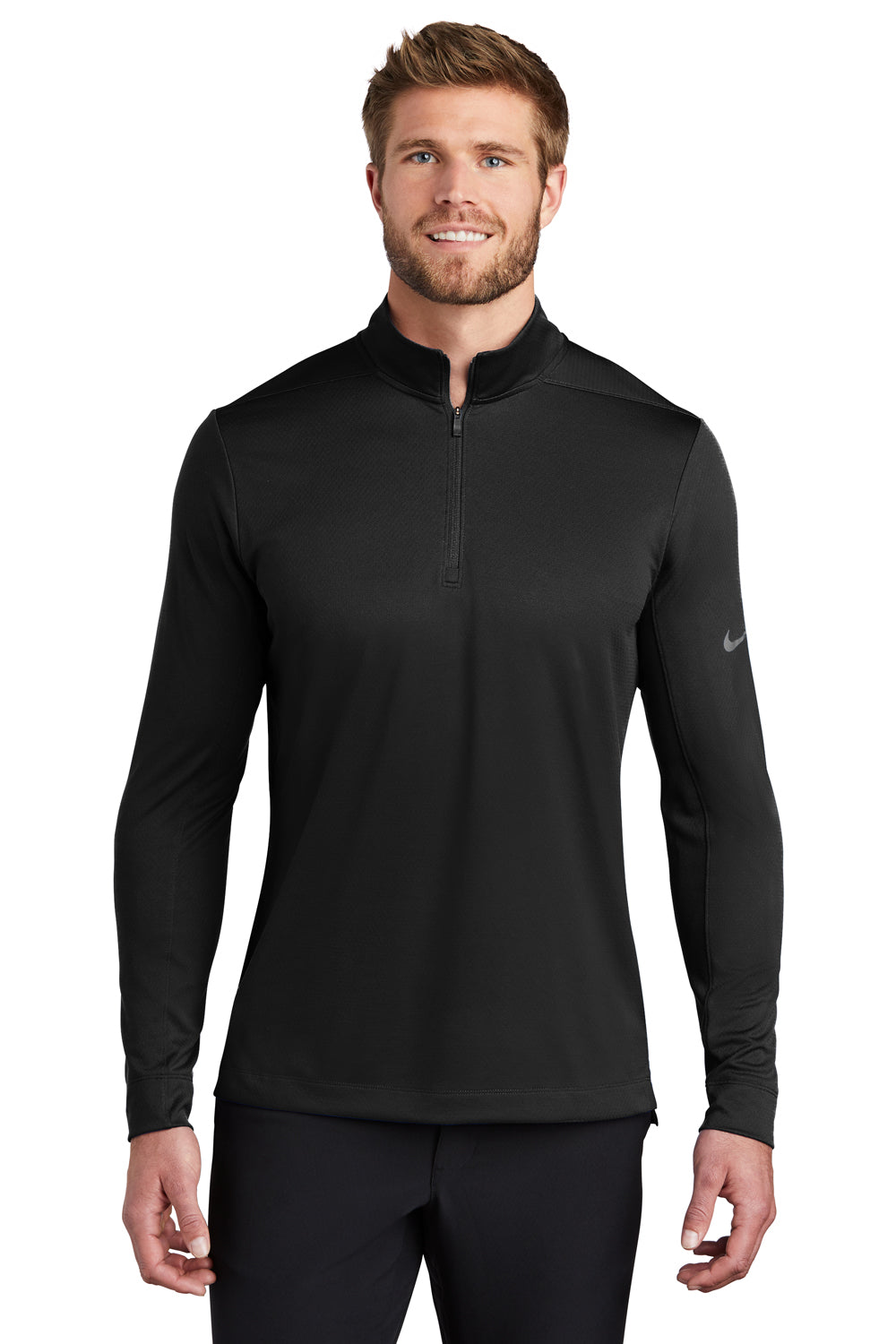 Nike NKBV6044 Mens Dri-Fit Moisture Wicking 1/4 Zip Sweatshirt Black Model Front