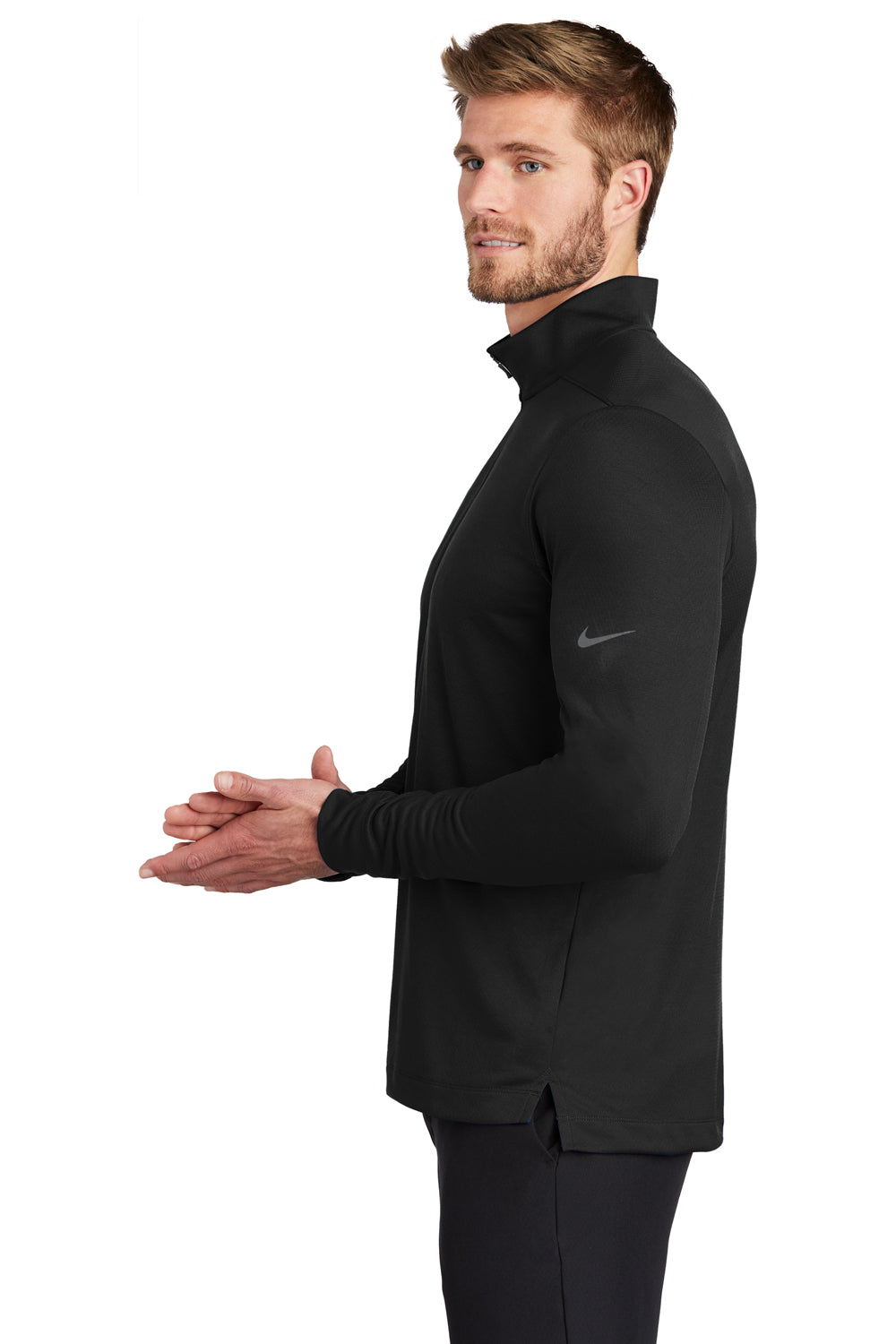 Nike NKBV6044 Mens Dri-Fit Moisture Wicking 1/4 Zip Sweatshirt Black Model Side